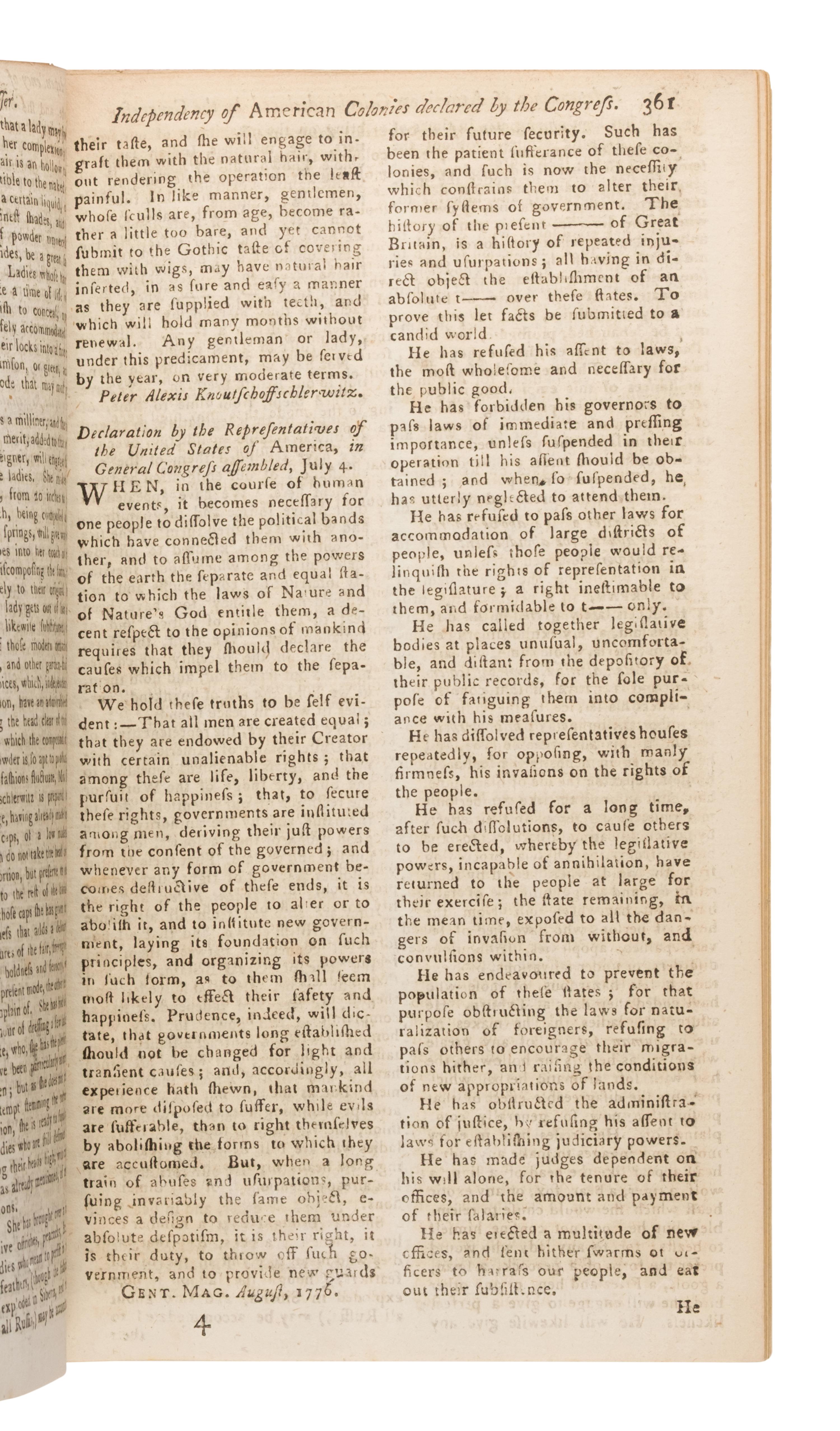[Declaration of Independence]. The Gentleman's Magazine , and Historical Chronicle . London: Sylvanus Urban for D. Henry, August 1776.