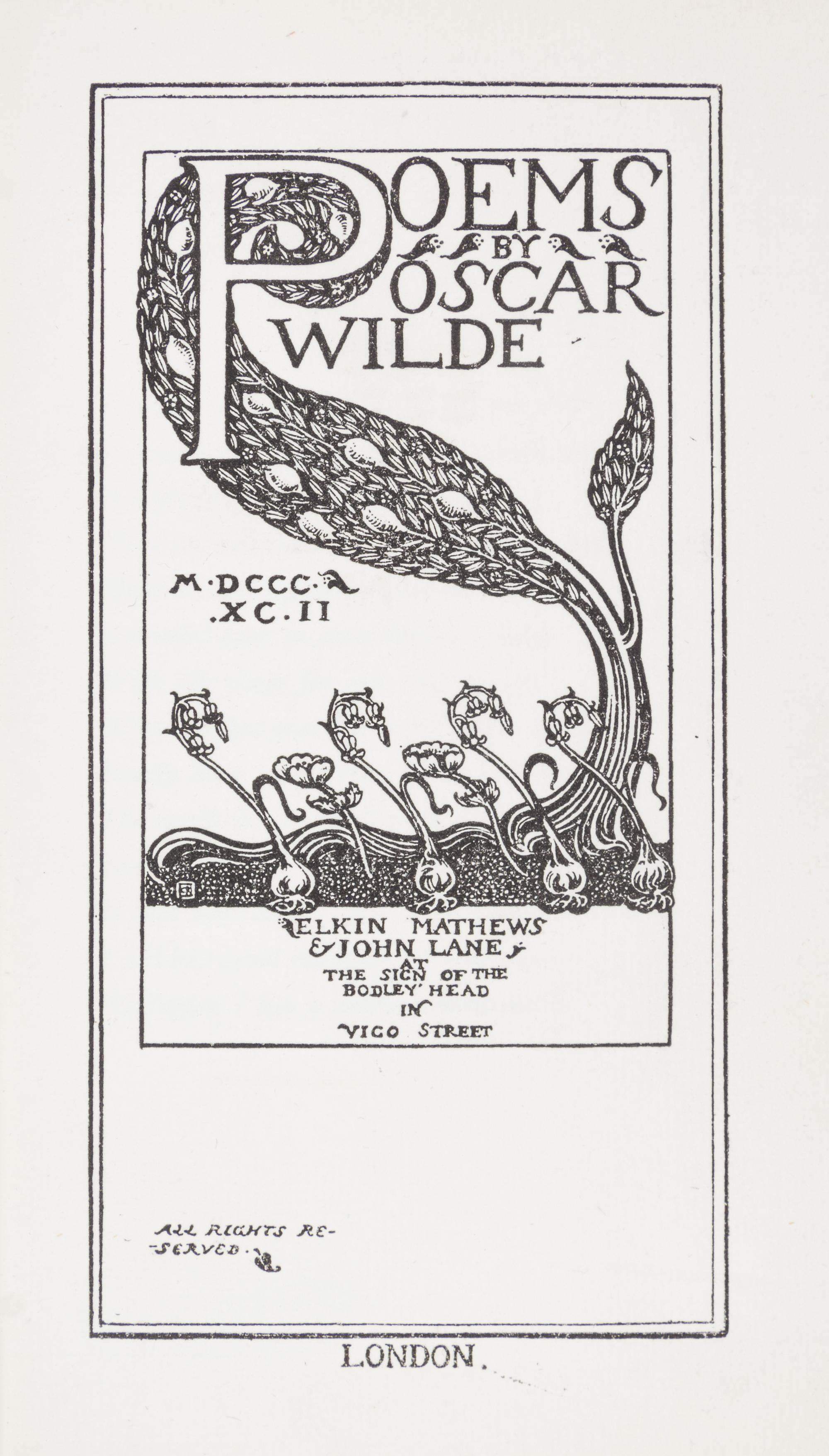 WILDE, OSCAR. Poems. London, 1892. Limited edition, signed by Wilde.
