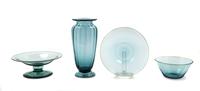 A Group of Four Green Steuben Tableware Objects Diameter of plate 7 inches. — 20TH CENTURY