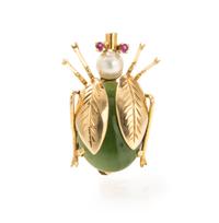 A 14 Karat Yellow Gold, Nephrite, Cultured Pearl and Ruby Ladybug Brooch, 3.00 dwts.