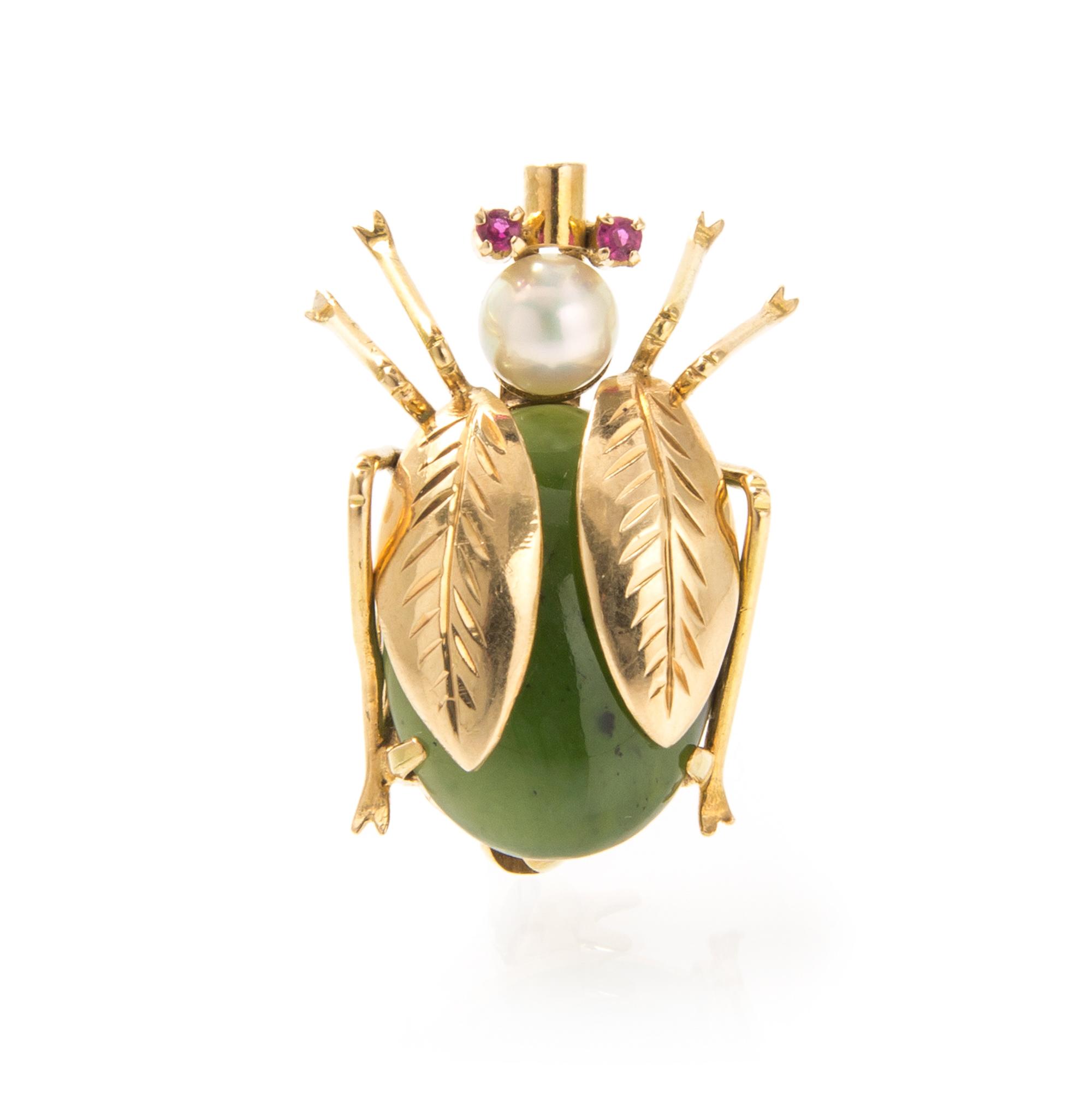 A 14 Karat Yellow Gold, Nephrite, Cultured Pearl and Ruby Ladybug Brooch, 3.00 dwts.