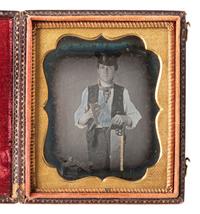 [EARLY PHOTOGRAPHY]. Sixth plate daguerreotype featuring a carpenter with gold-highlighted tools.