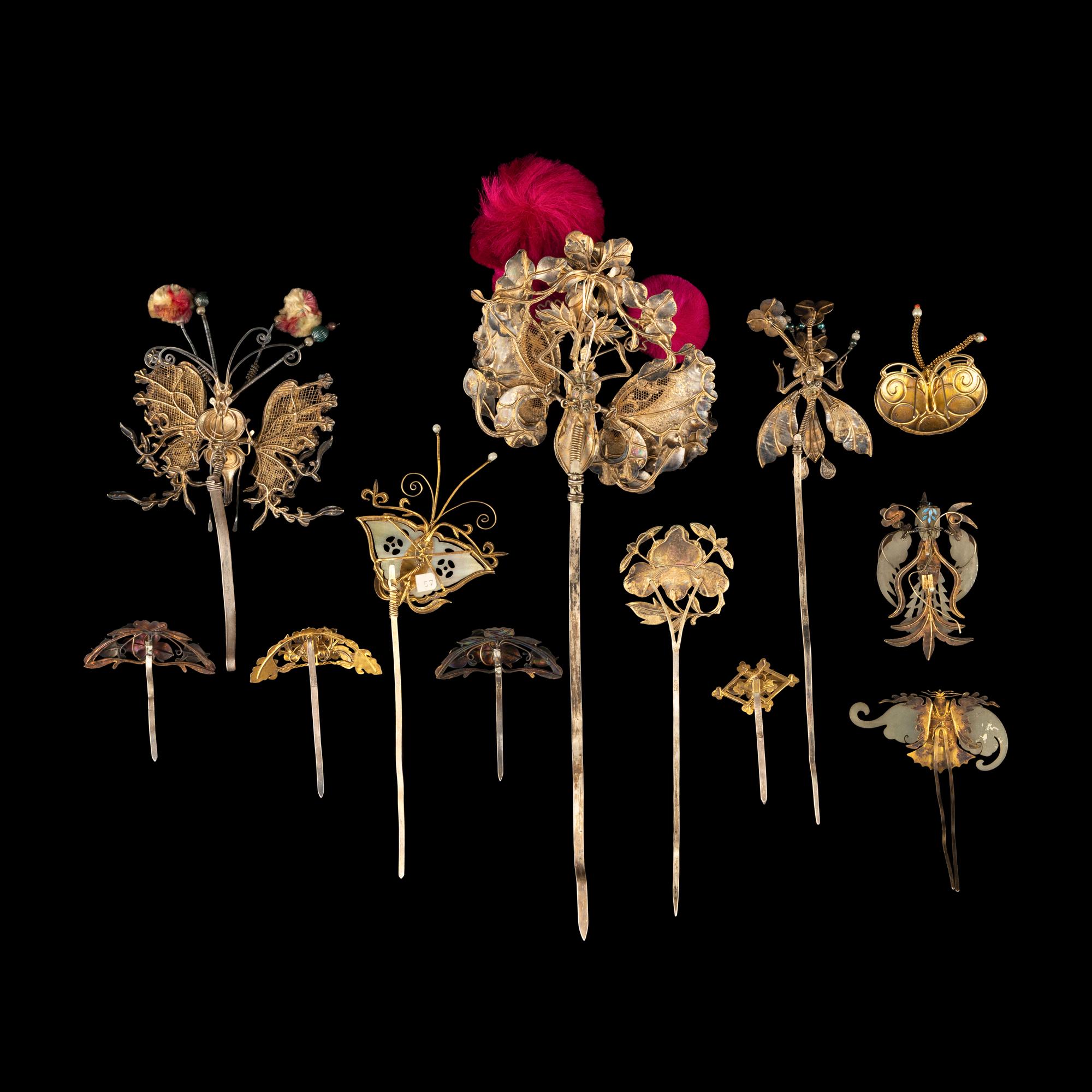 Twelve Chinese Kingfisher Feather Embellished Hair Ornaments, 19th Century — 清晚期 銅胎點翠髮飾十二件
