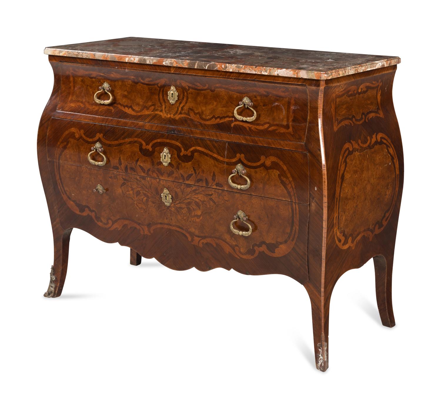 An Italian Walnut and Marquetry Marble-Top Bombé Bureau Commode