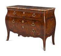 An Italian Walnut and Marquetry Marble-Top Bombé Bureau Commode