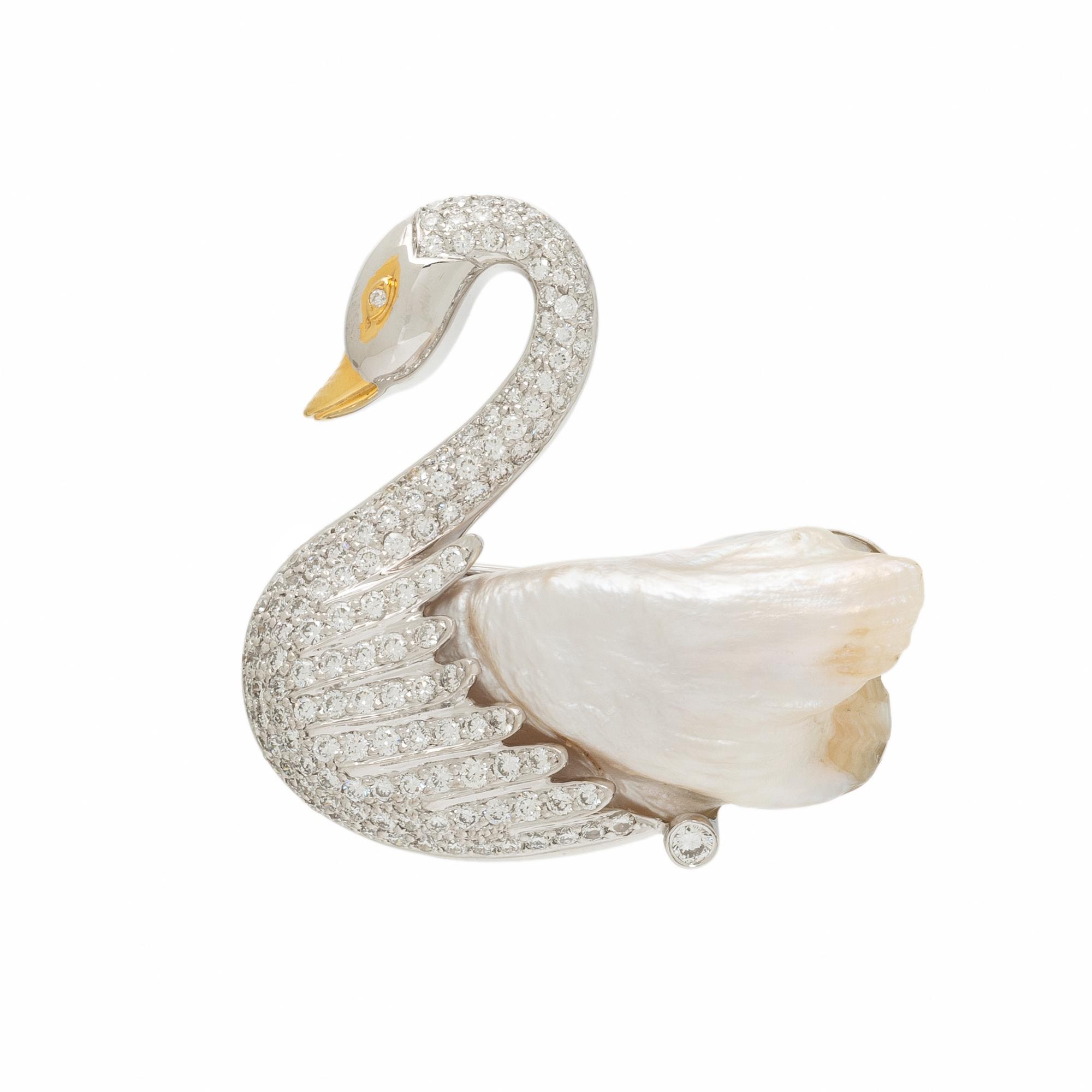 CULTURED PEARL AND DIAMOND SWAN BROOCH