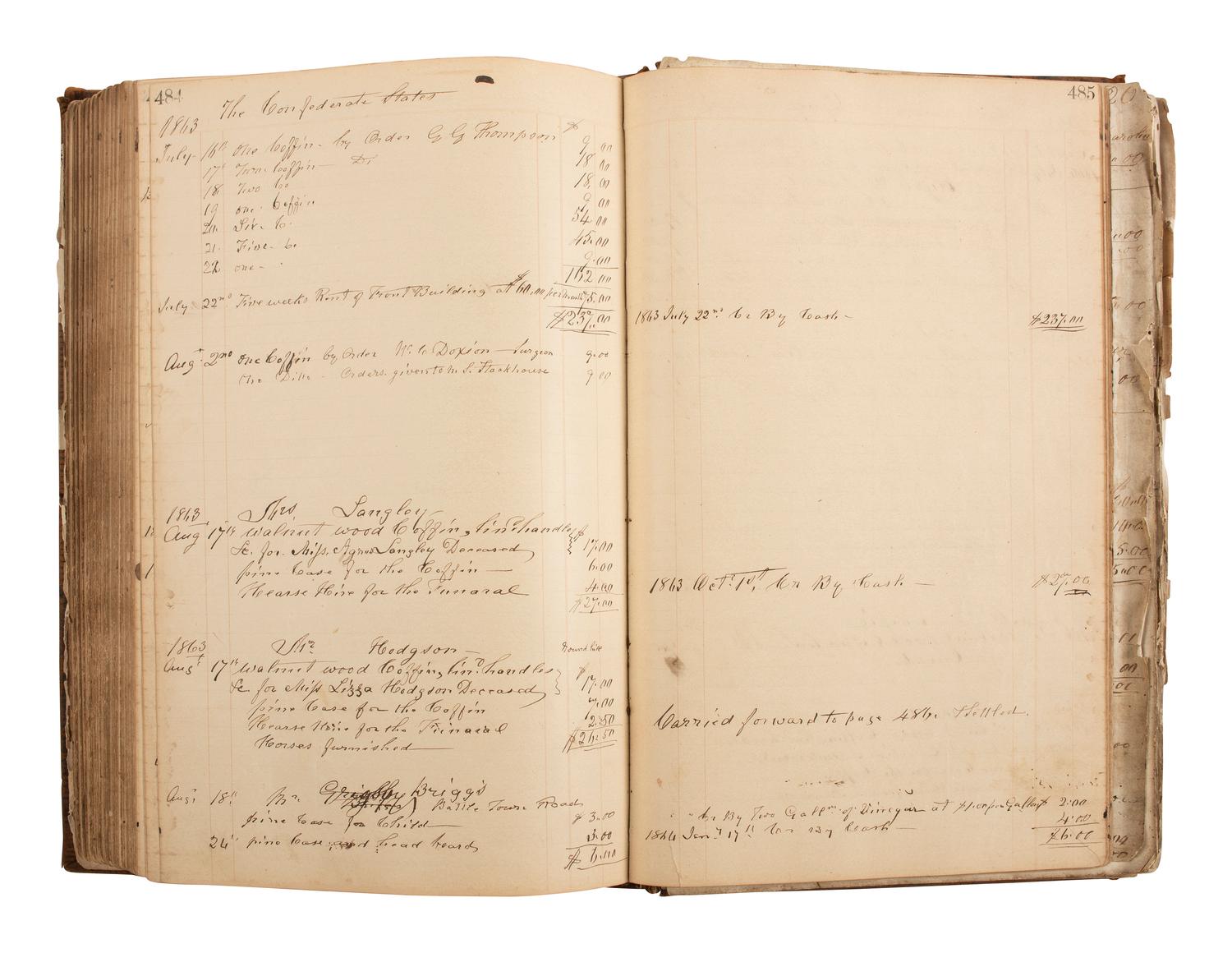 [CIVIL WAR]. Ledger book associated with Winchester, Virginia, cabinet maker John Kerr (1797-1875), documenting coffins built and sold for Union and Confederate soldiers as well as other wartime activity.