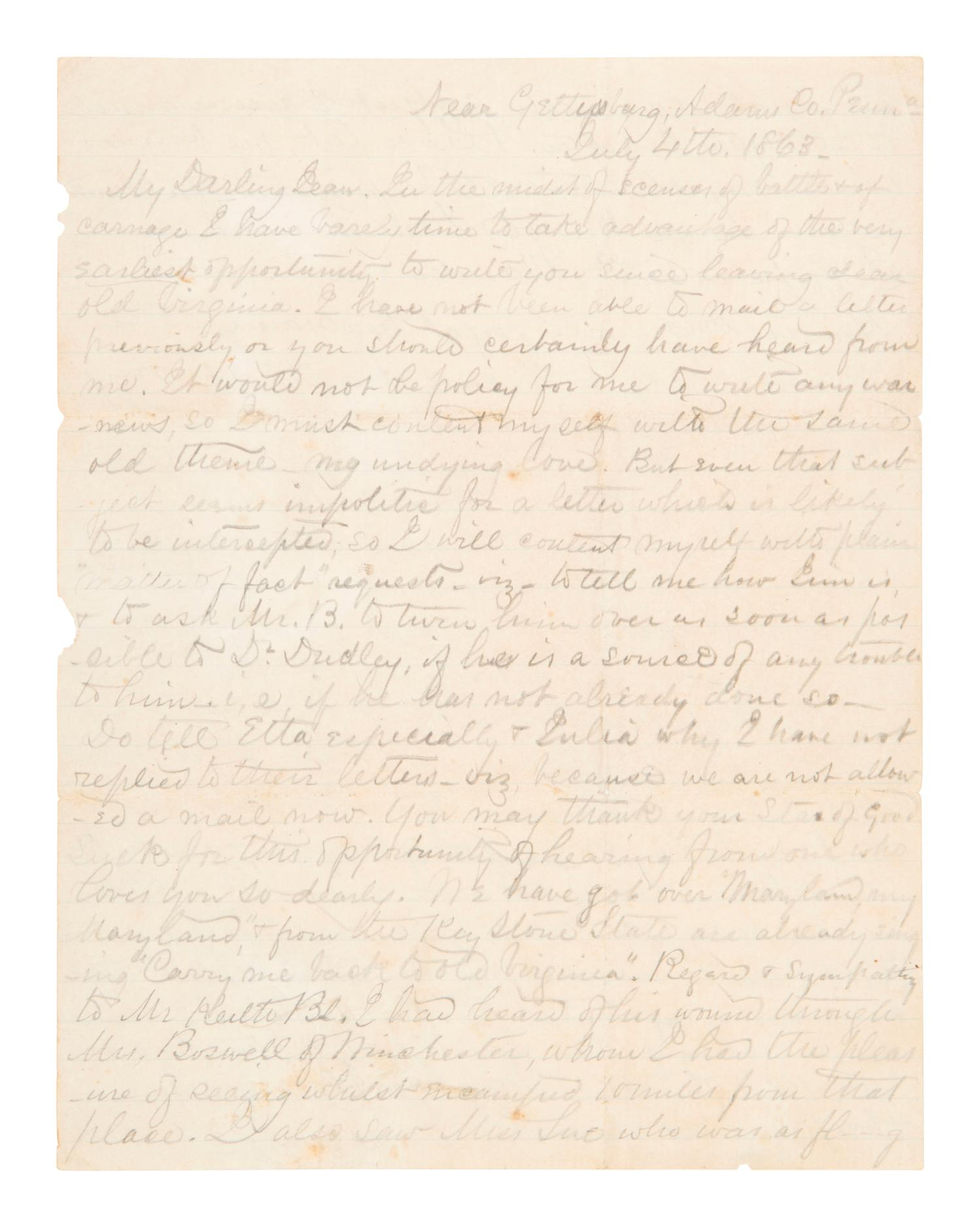 [CIVIL WAR]. Battle of Gettysburg letter penned by a Confederate surgeon. "Near Gettysburg," 4 July 1863.