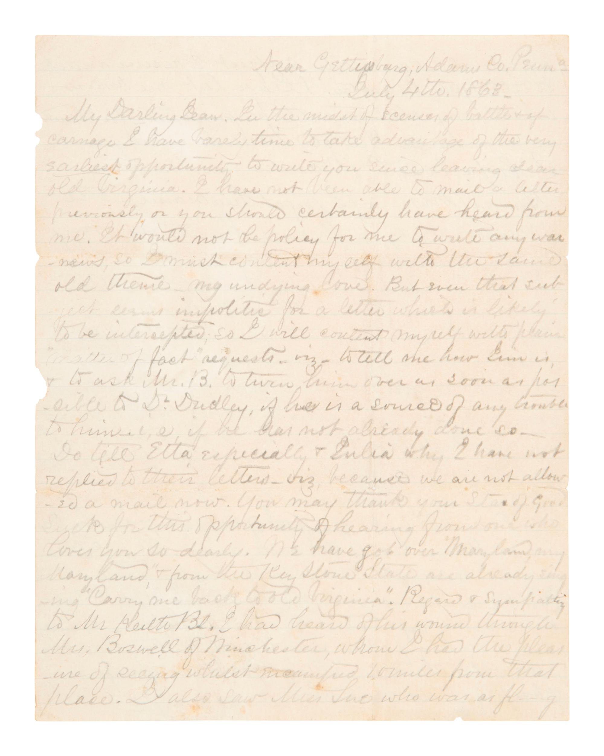 [CIVIL WAR]. Battle of Gettysburg letter penned by a Confederate surgeon. "Near Gettysburg," 4 July 1863.