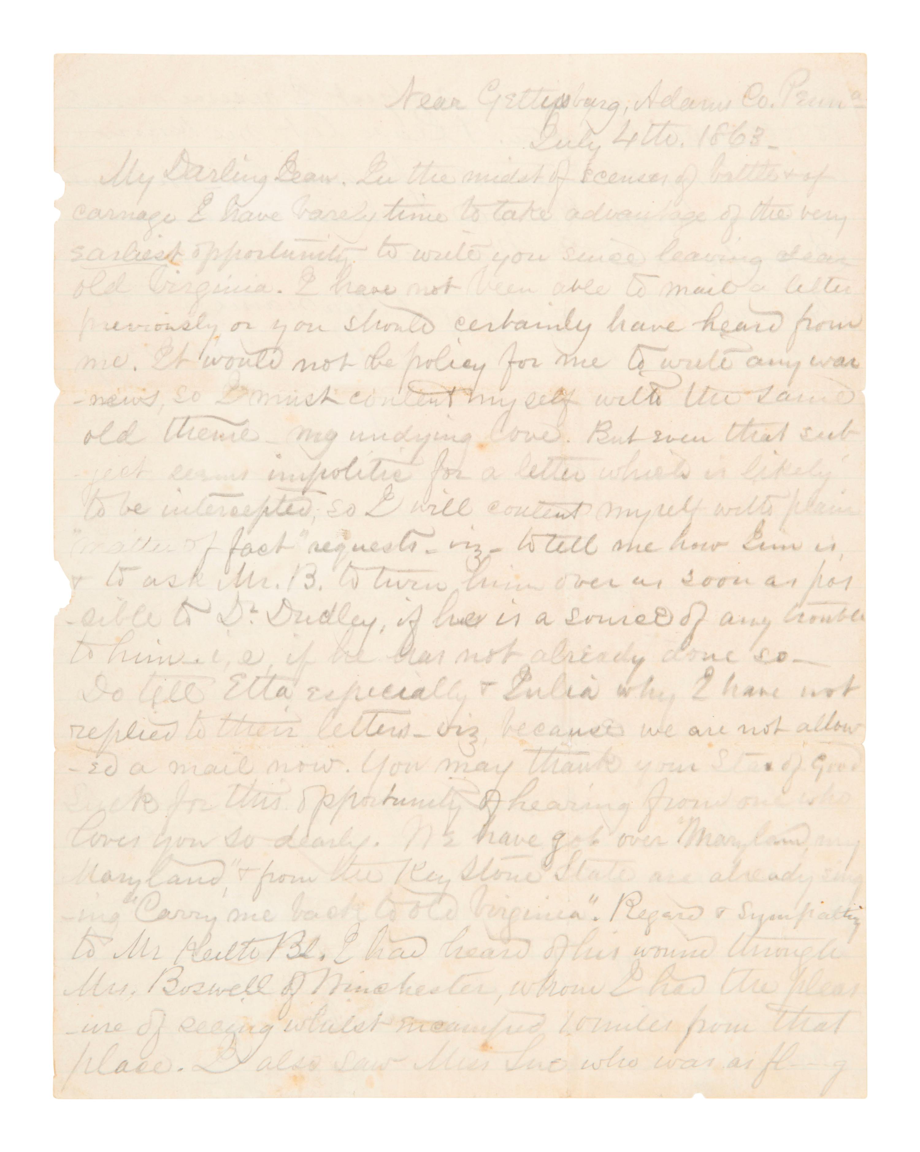 [CIVIL WAR]. Battle of Gettysburg letter penned by a Confederate surgeon. "Near Gettysburg," 4 July 1863.