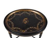 Three English Papier Mache Oval Serving Trays on Ebonized Stands