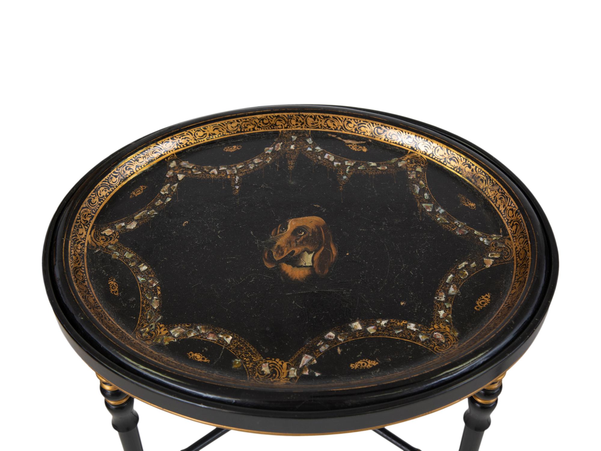 Three English Papier Mache Oval Serving Trays on Ebonized Stands