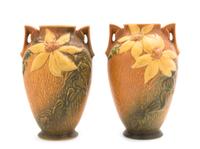 Three Roseville Clematis Pottery Vases Height of first 12 1/4 inches, pair 9 1/4 inches.