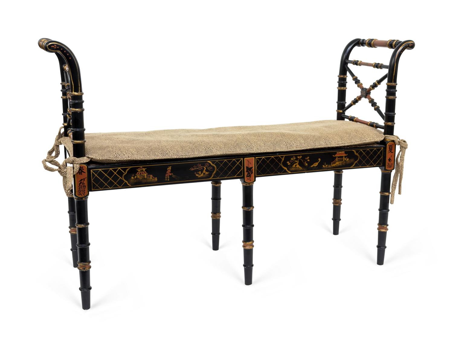 A Regency Style Black and Gilt Painted Rush Seat Window Bench — 20TH CENTURY