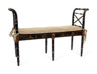 A Regency Style Black and Gilt Painted Rush Seat Window Bench — 20TH CENTURY