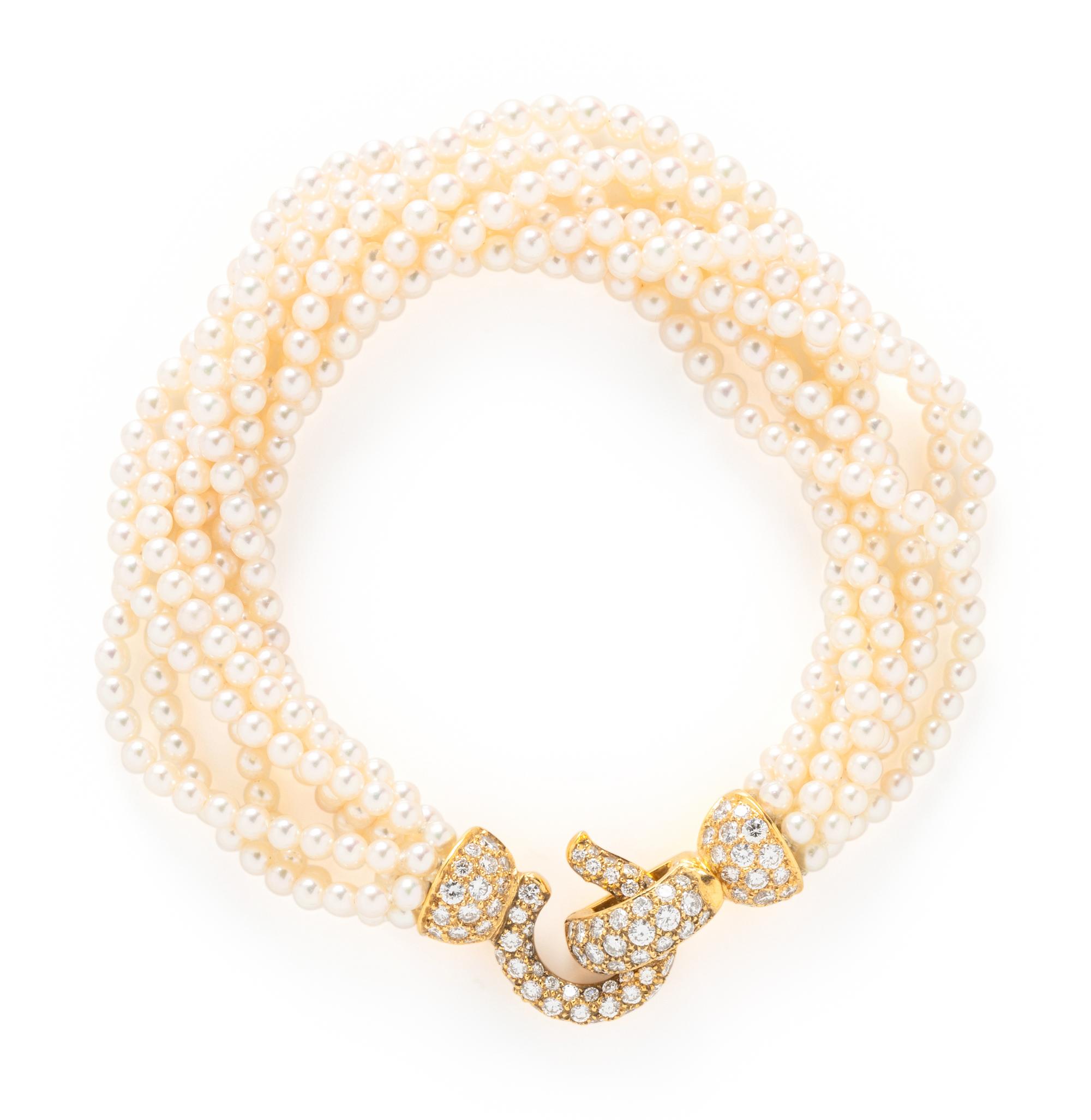 CARTIER, LONDON, CULTURED PEARL AND DIAMOND MULITSTRAND BRACELET