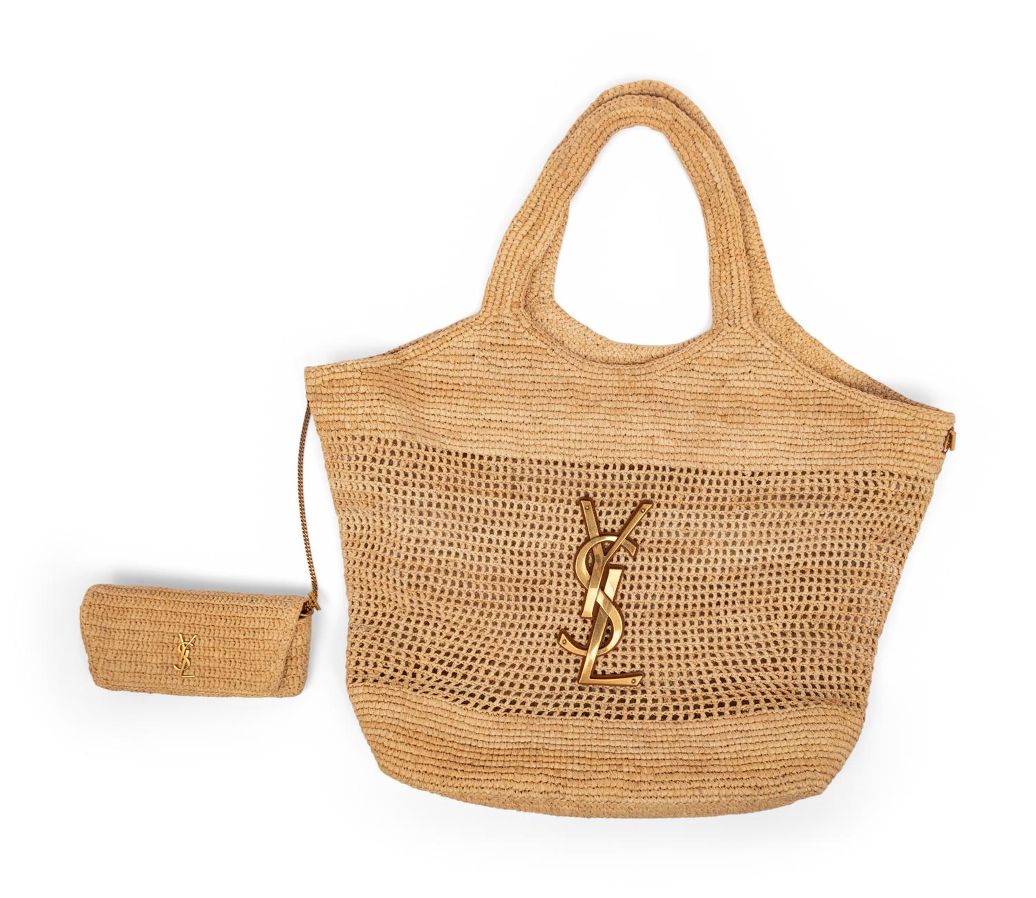 SAINT LAURENT RAFFIA ICARE TOTE WITH SUNGLASSES CASE