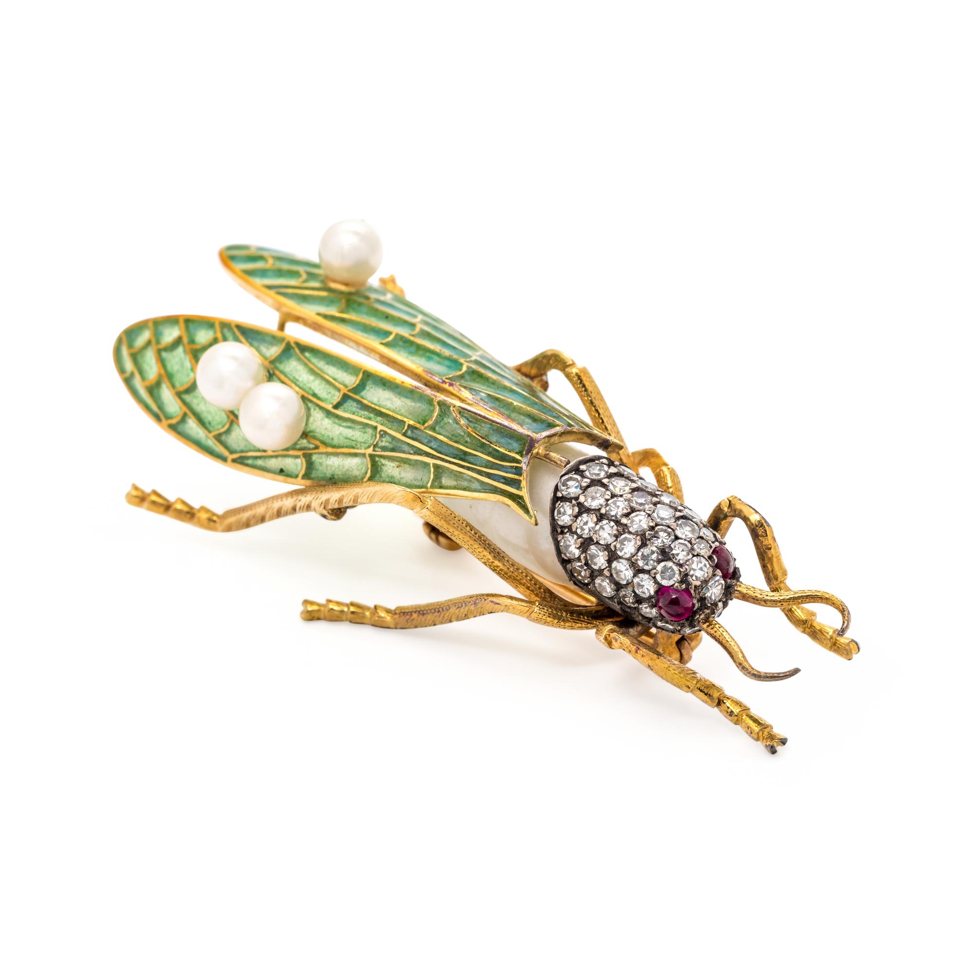 EVELYN CLOTHIER, CULTURED BAROQUE PEARL, DIAMOND AND PLIQUE-À-JOUR ENAMEL GRASSHOPPER BROOCH