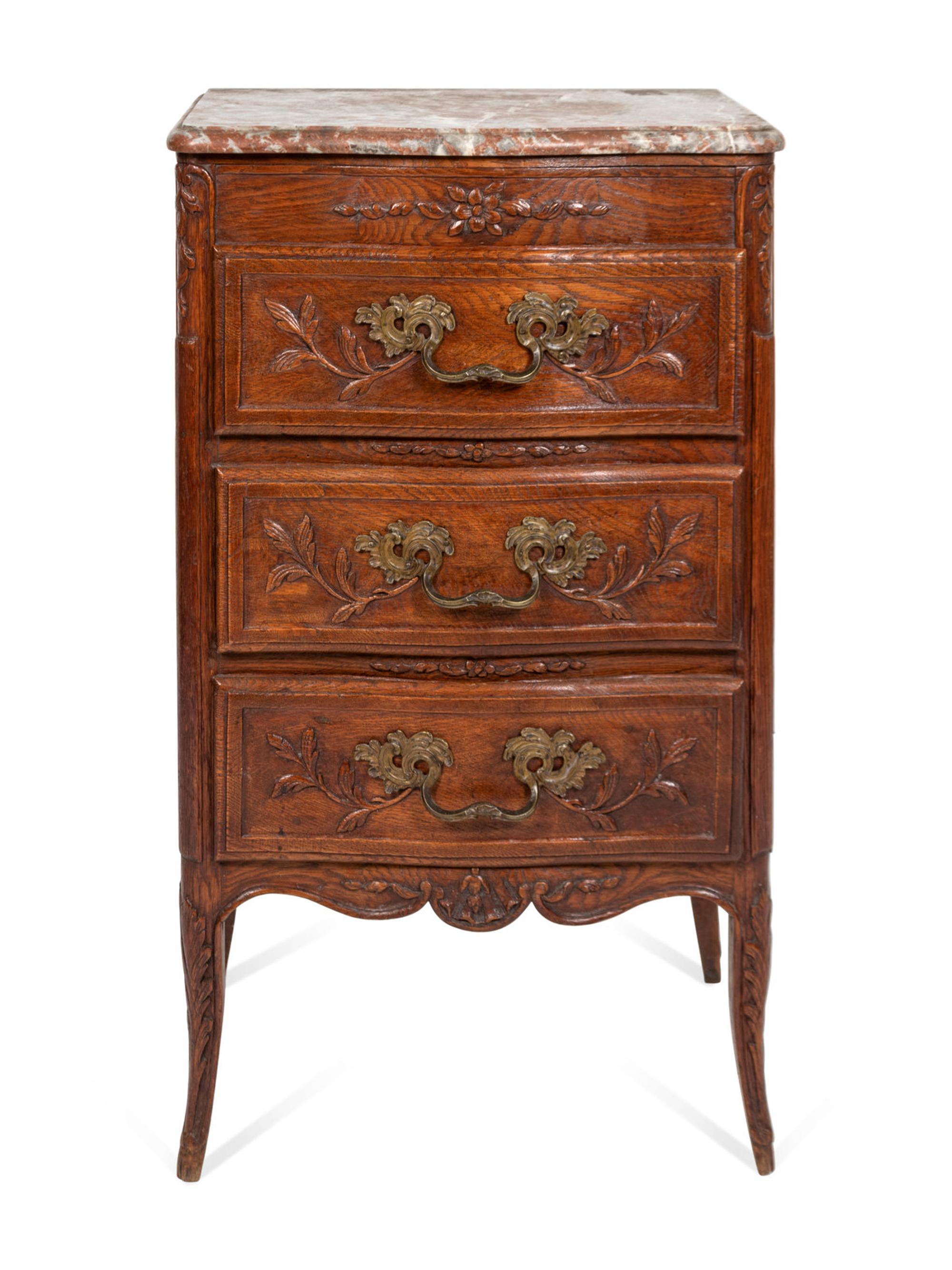A Louis XV Style Chestnut Marble-Top Chest of Drawers