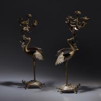 A Pair of Japanese Kaga Style Inlaid Bronze 'Crane and Minogame' Candelabra, Meiji Period — 日本明治時期 銅龜鶴齊齡燭臺一對