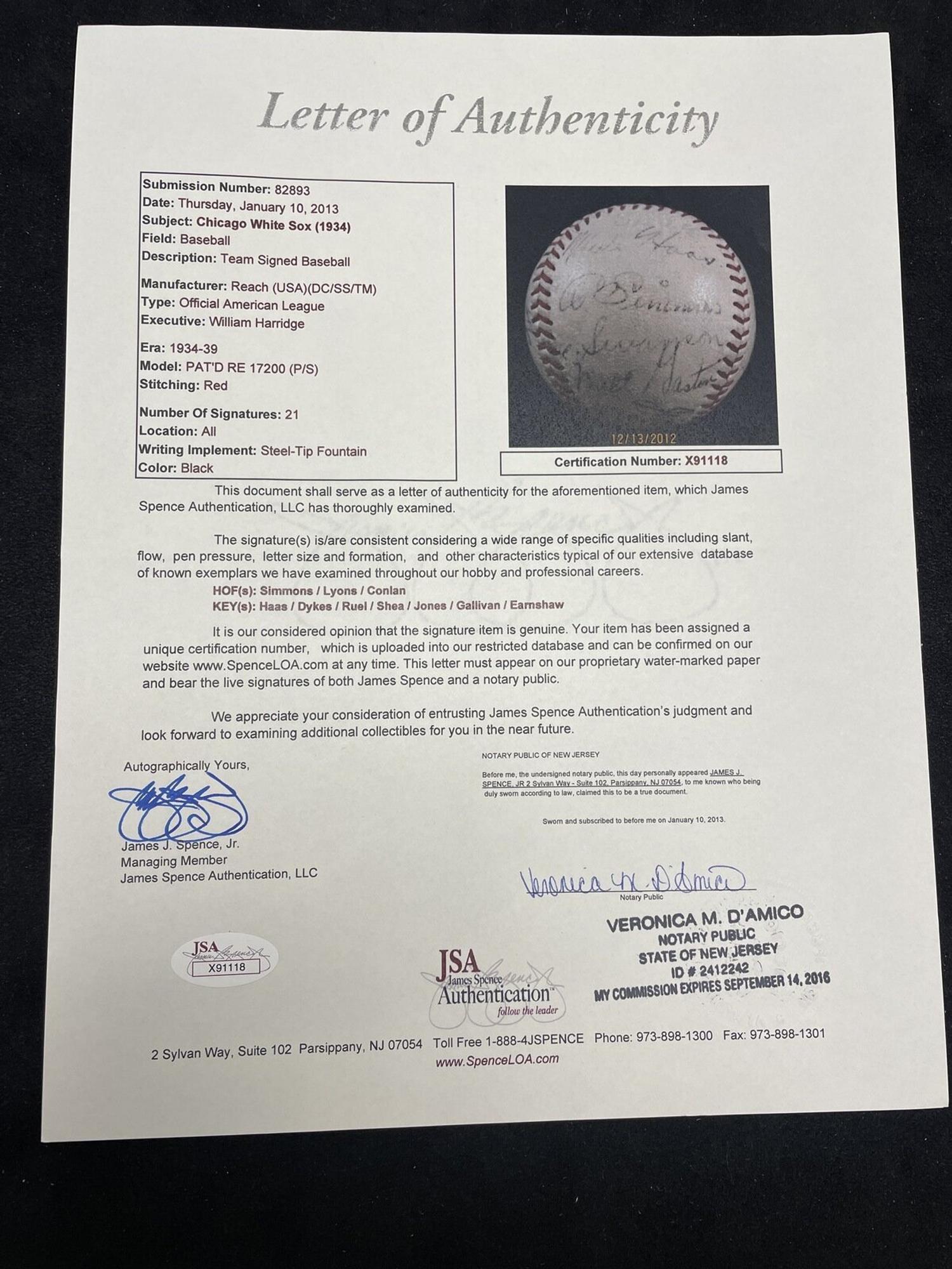 A 1934 Chicago White Sox Team Signed Autograph Baseball Featuring Al Simmons, Ted Lyons and Jocko Conlan (JSA Letter of Authenticity),