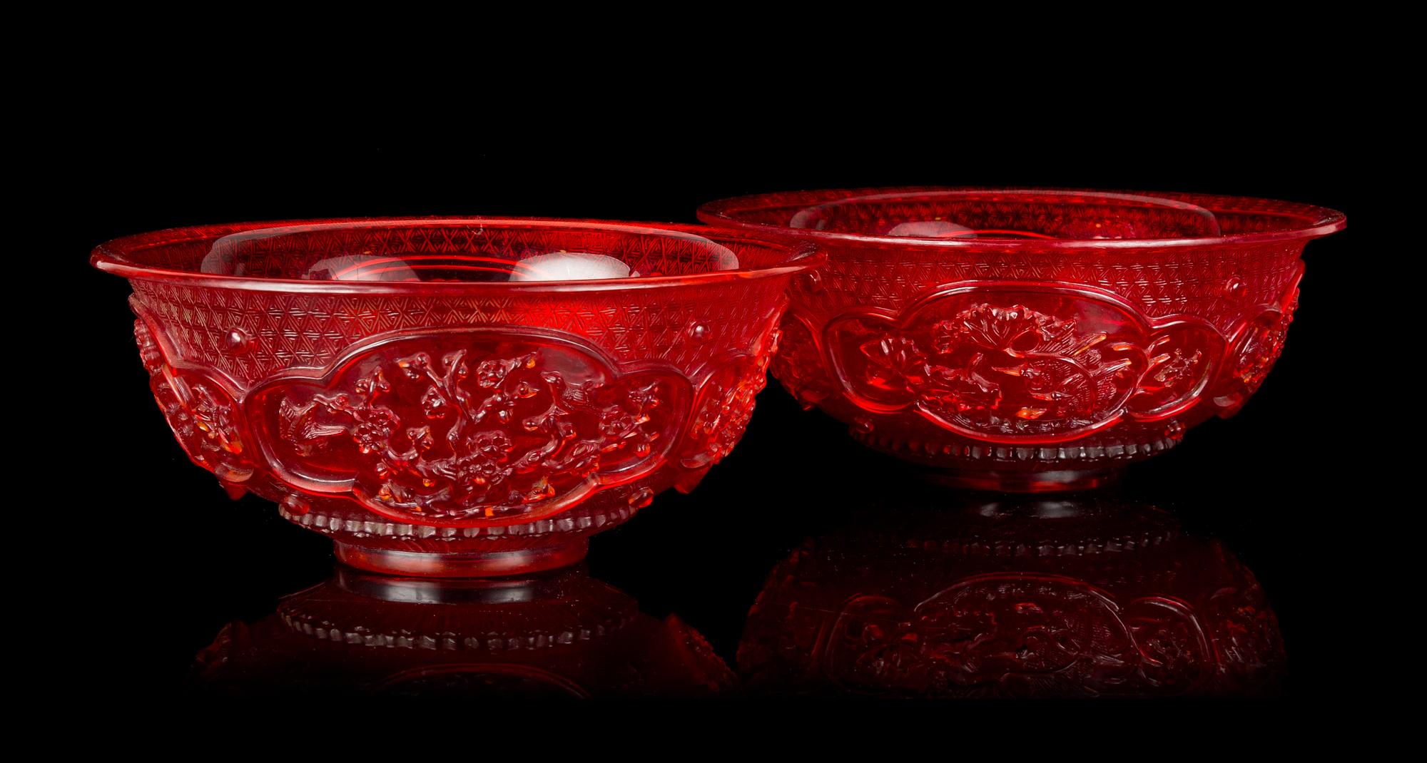 A Pair of Transparent Ruby-Red Peking Glass Bowls Diameter 8 inches. — LATE 19TH/20TH CENTURY