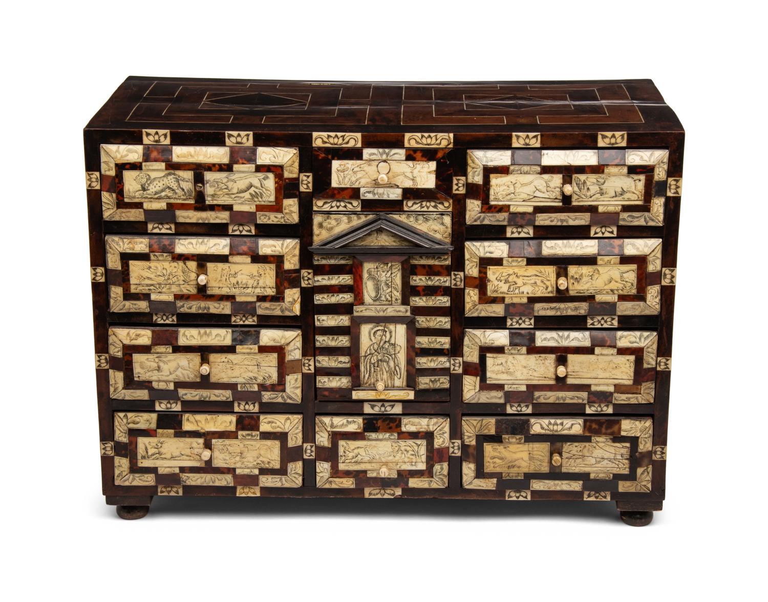 A Spanish Bone and Tortoiseshell-Inlaid Hardwood Table Cabinet