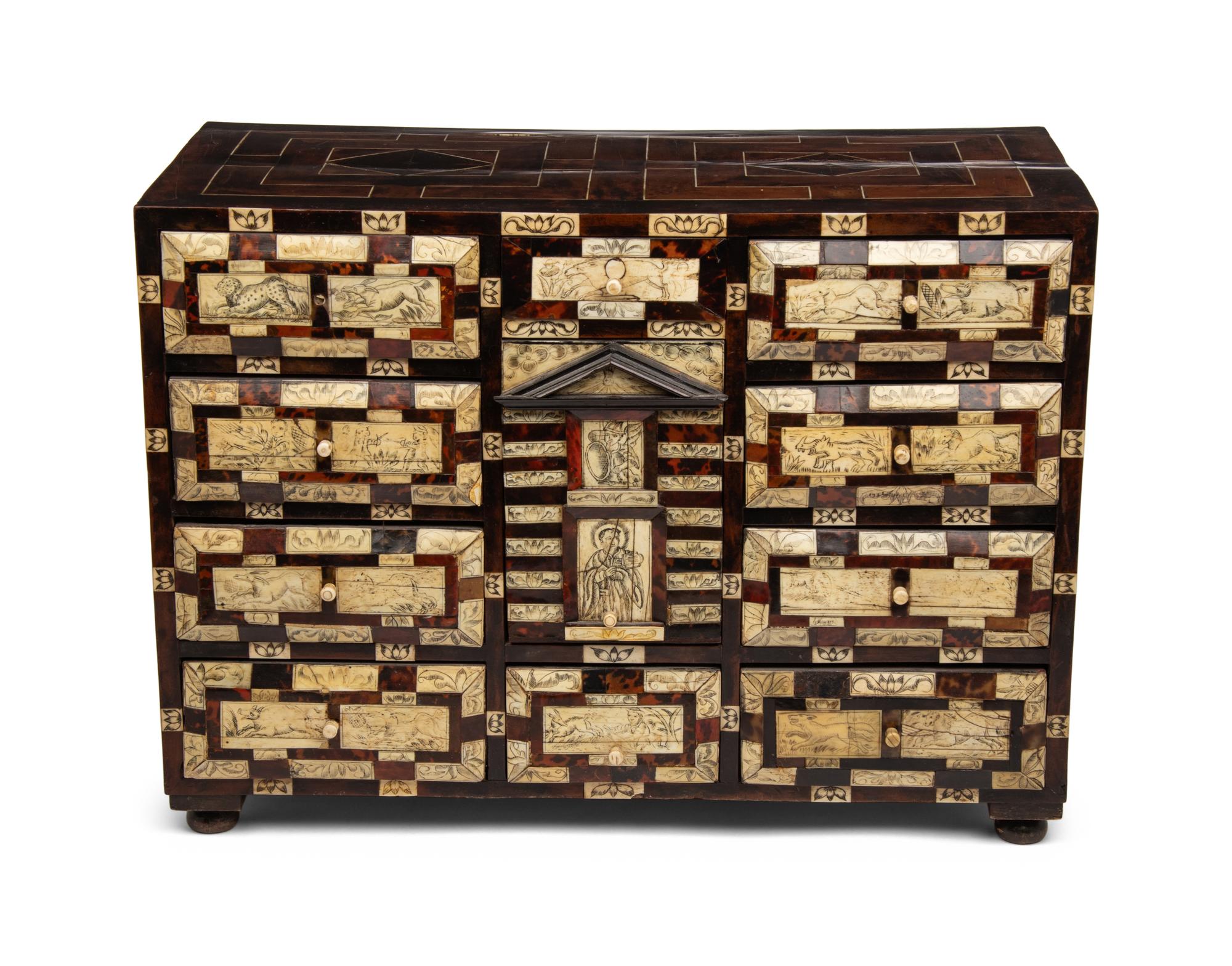 A Spanish Bone and Tortoiseshell-Inlaid Hardwood Table Cabinet