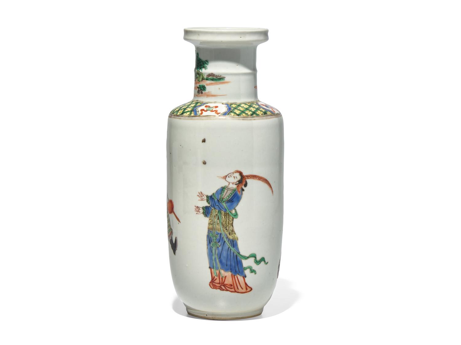 An Unusual Chinese Famille Verte Small Rouleau Vase, 19th century