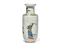 An Unusual Chinese Famille Verte Small Rouleau Vase, 19th century