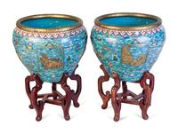 A Pair of Large Chinese Export Cloisonné Fish Bowls and Stands