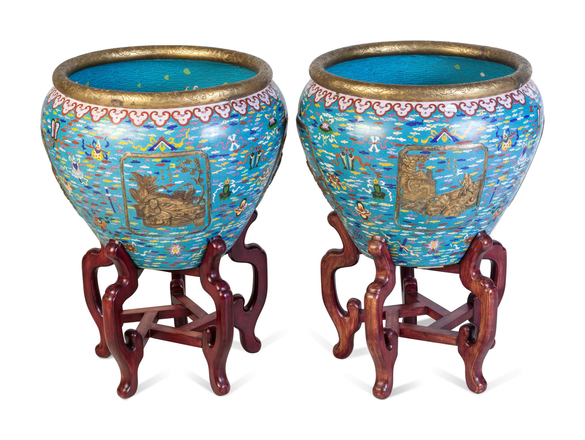 A Pair of Large Chinese Export Cloisonné Fish Bowls and Stands