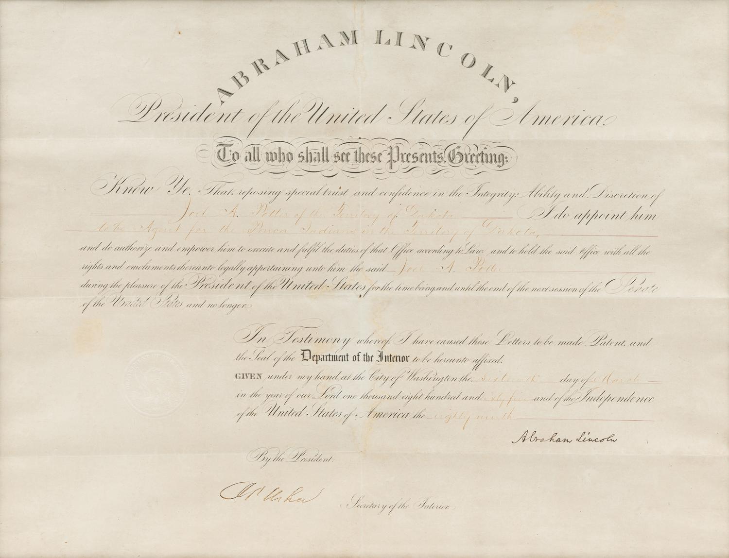 LINCOLN, Abraham (1809-1865). Engraved document signed ("Abraham Lincoln"), as President, countersigned by Secretary of the Interior John Palmer Usher, 16 March 1865.