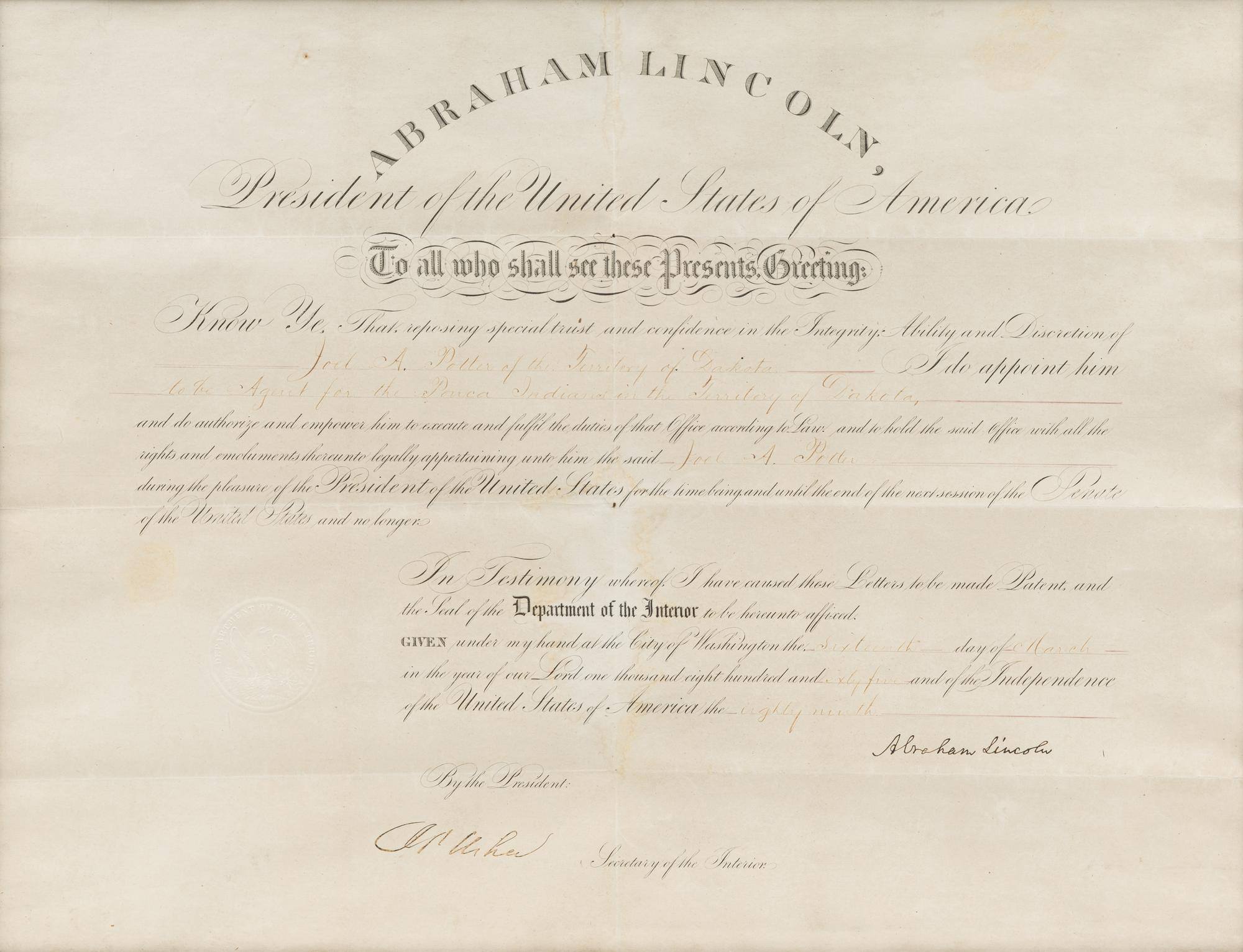 LINCOLN, Abraham (1809-1865). Engraved document signed ("Abraham Lincoln"), as President, countersigned by Secretary of the Interior John Palmer Usher, 16 March 1865.