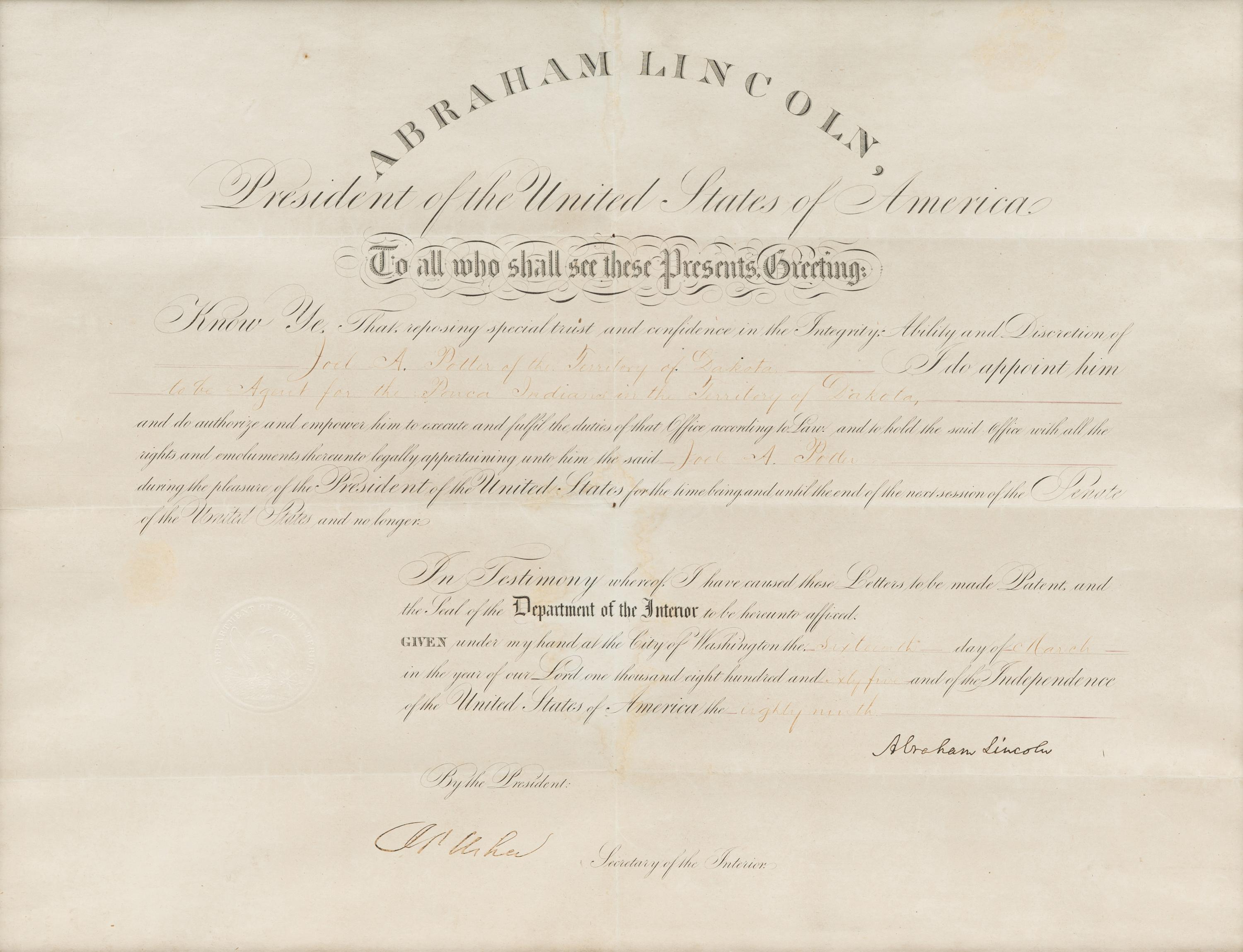 LINCOLN, Abraham (1809-1865). Engraved document signed ("Abraham Lincoln"), as President, countersigned by Secretary of the Interior John Palmer Usher, 16 March 1865.