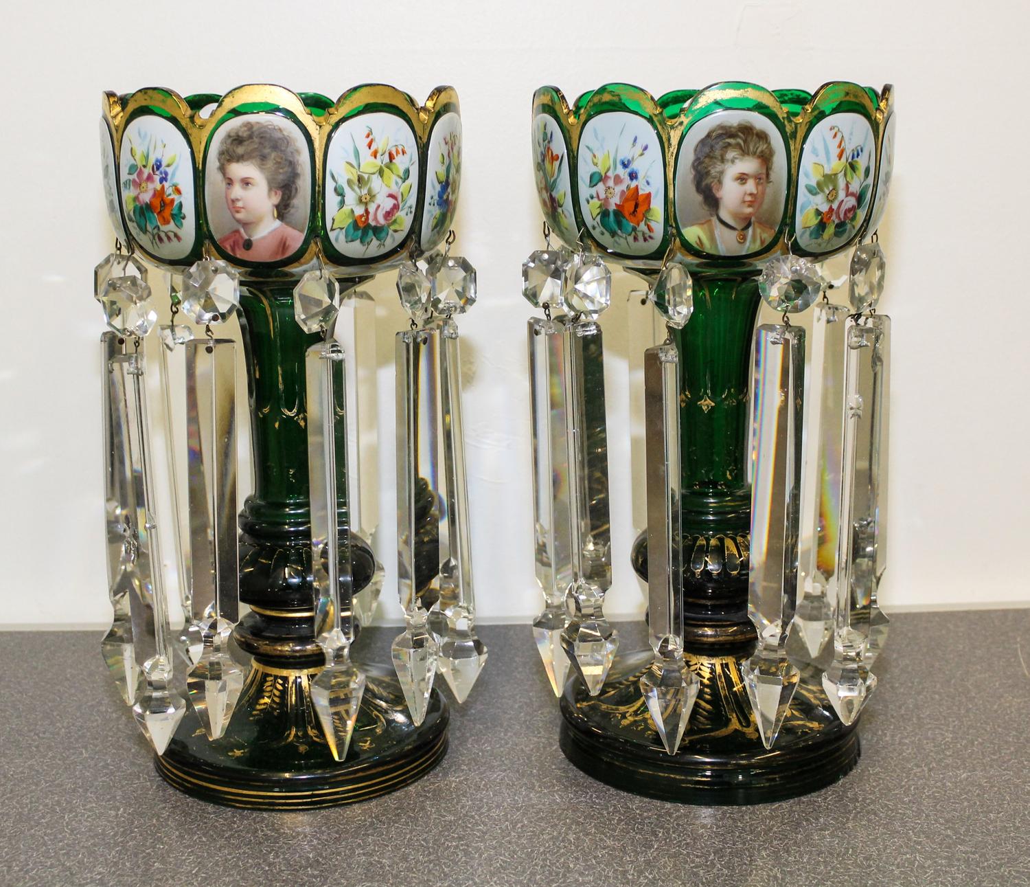 A Pair of Bohemian Glass Mantle Lustres Height 13 1/4 inches.