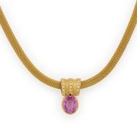 Synthetic Pink Sapphire, Diamond, and Yellow Gold Slide Pendant Necklace