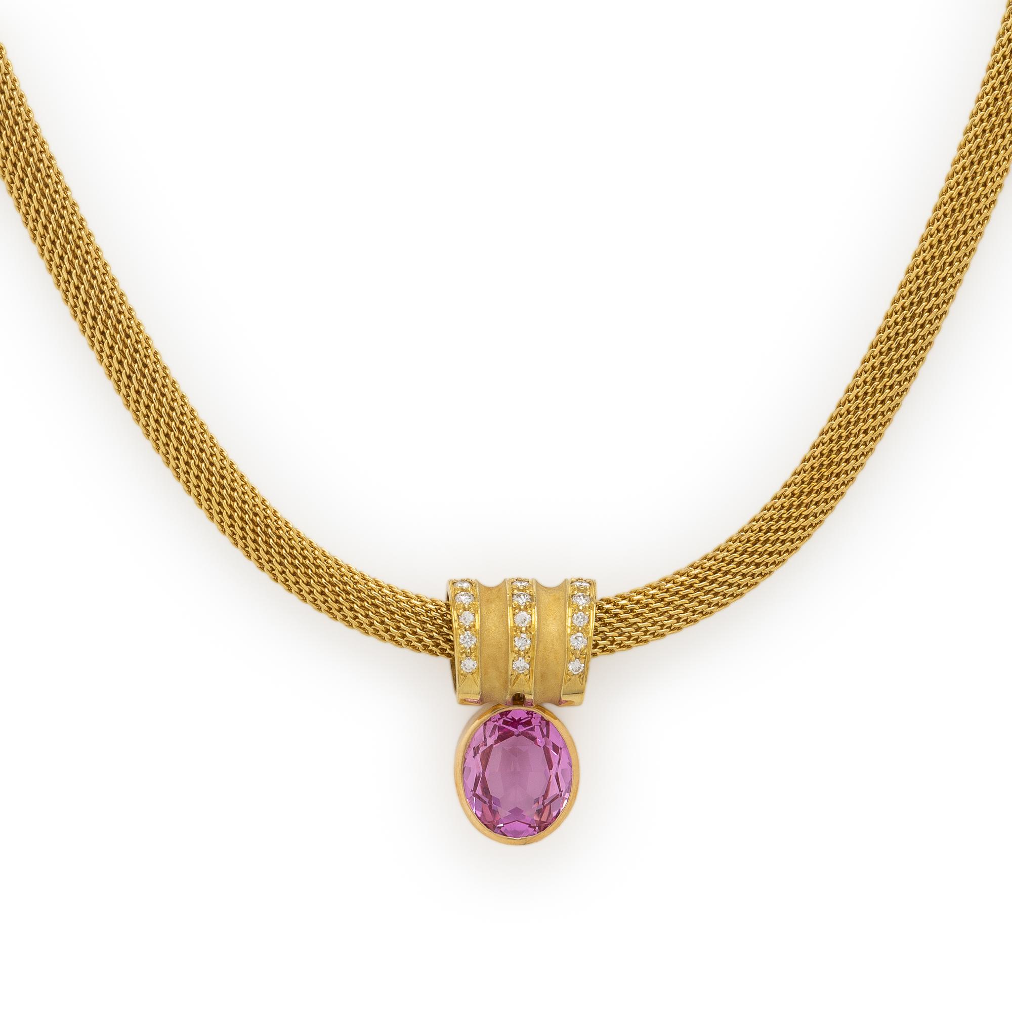 Synthetic Pink Sapphire, Diamond, and Yellow Gold Slide Pendant Necklace