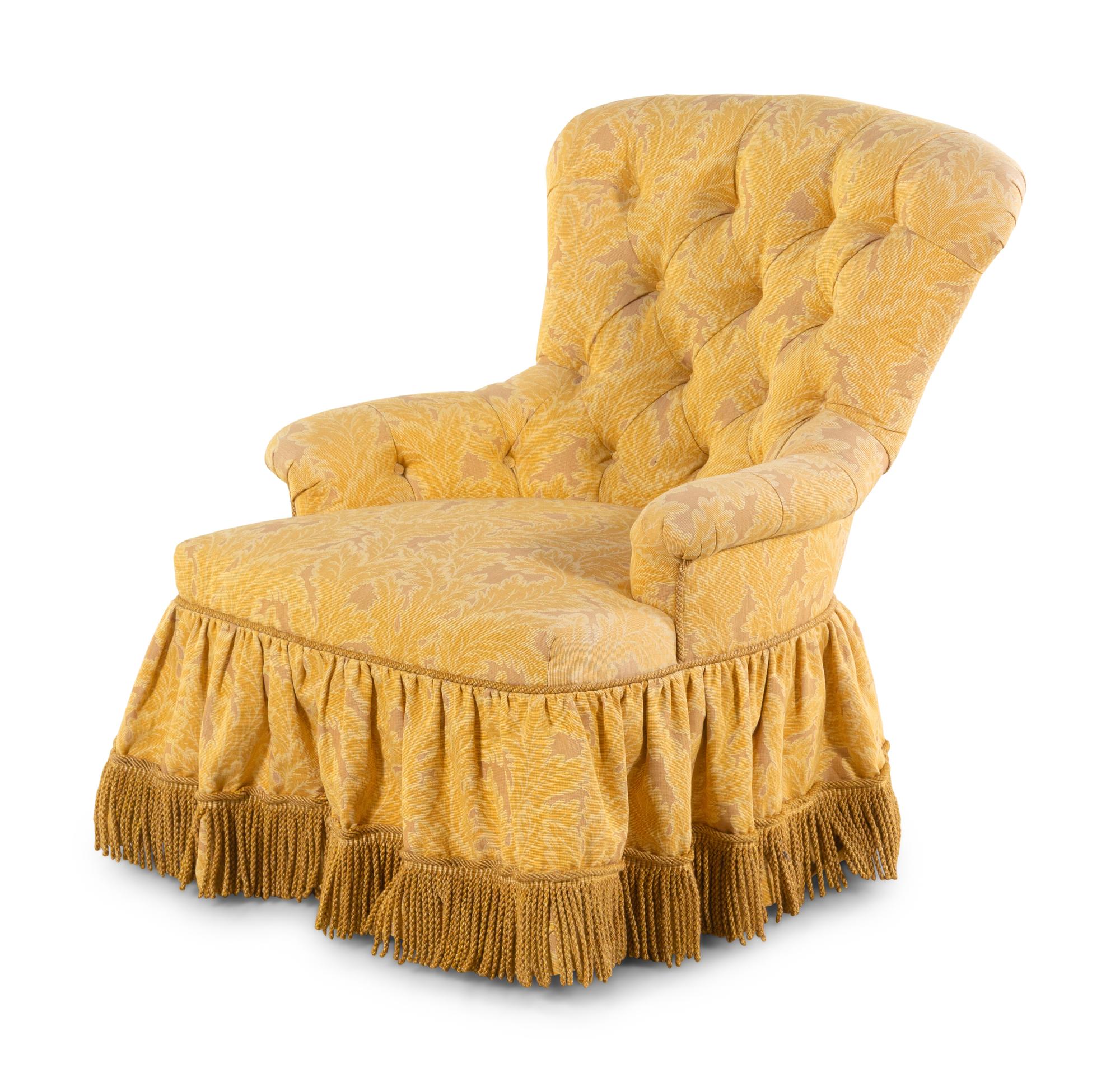 A Custom Button-Tufted Upholstered Armchair with Bullion Fringe