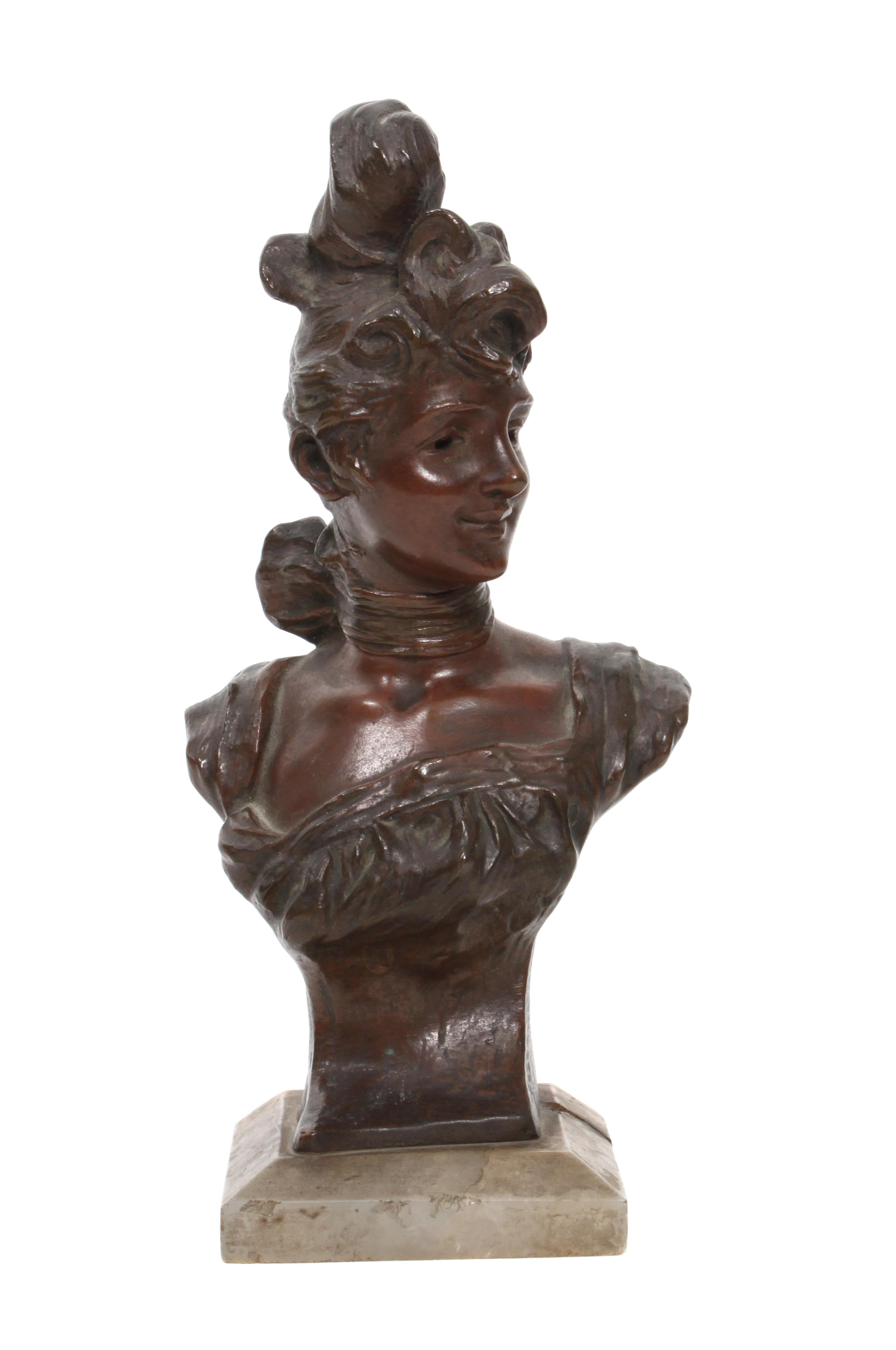 A French Bronze Bust, Georges Van der Straten (Belgium, 1856-1928) Height 7 1/2 x width 2 1/2 x depth 2 3/4 inches
