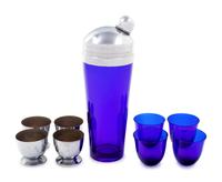 A Five-Piece Cobalt Blue Glass and Silver Cocktail Set