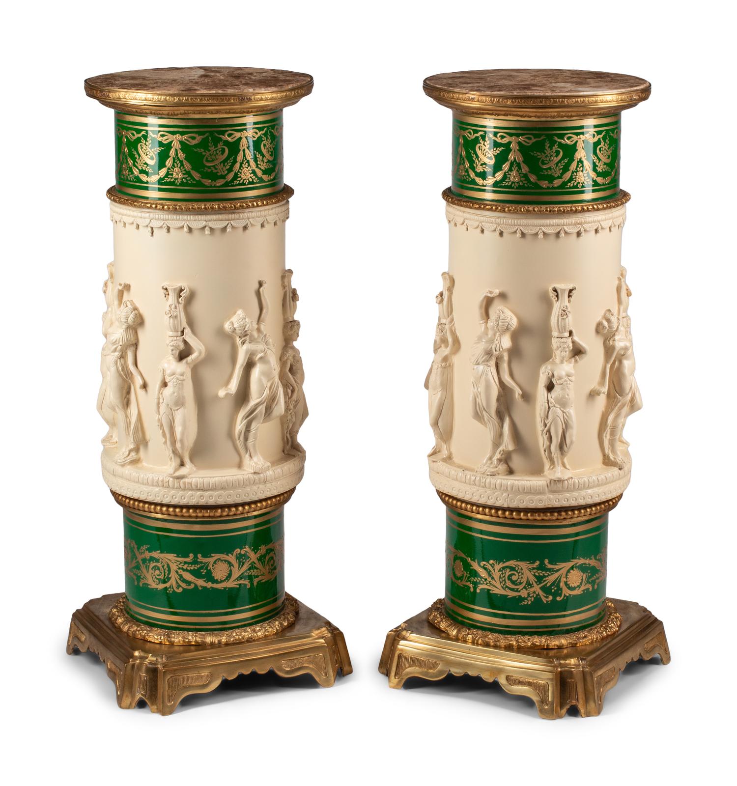 A Pair of Gilt Bronze and Sèvres Style Porcelain Pedestals