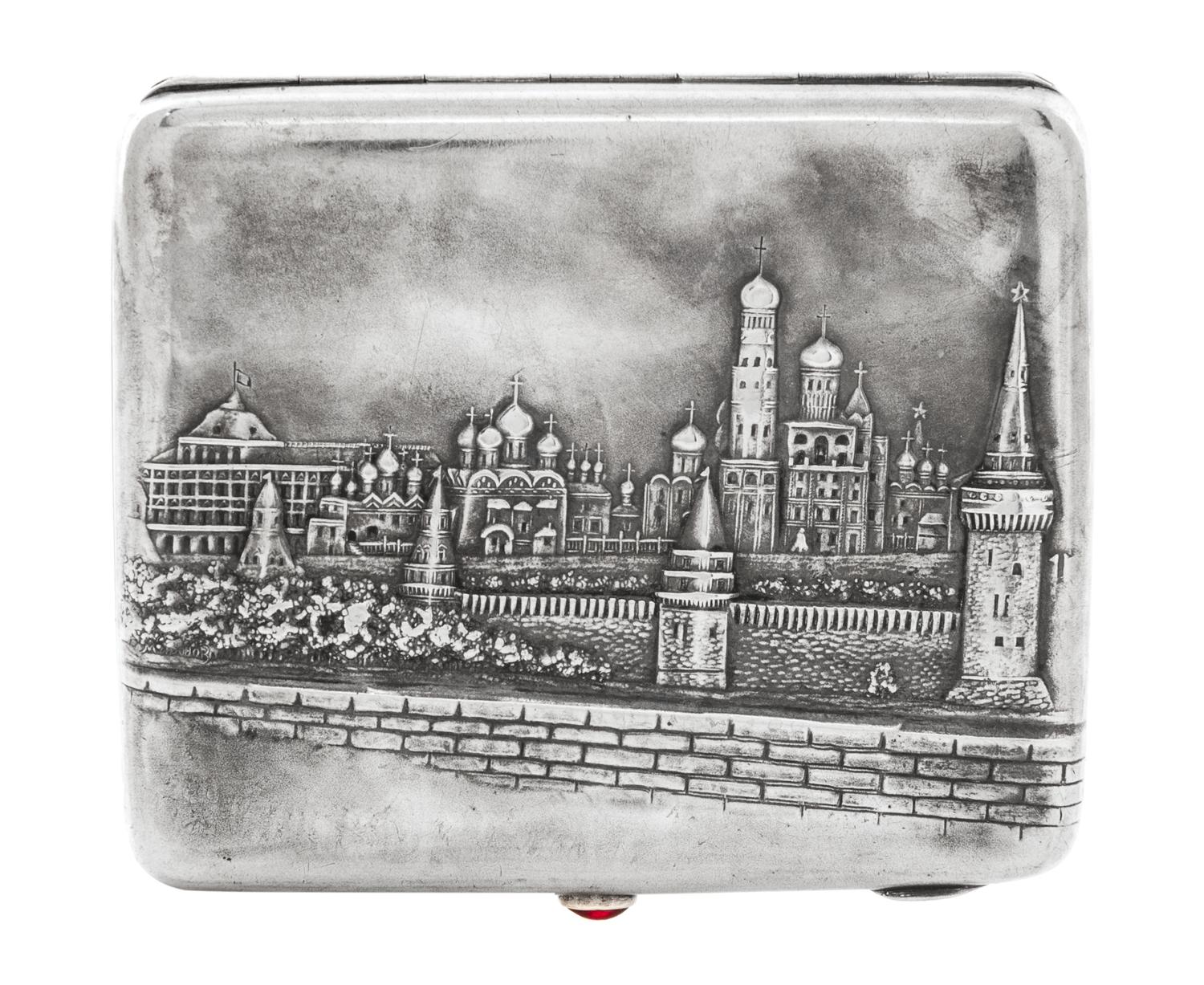 A Russian Niello Silver Cigarette Case, Mark of a Jewelers Artel, Moscow, 20th century, the lid worked to show the Kremlin viewed from
