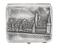A Russian Niello Silver Cigarette Case, Mark of a Jewelers Artel, Moscow, 20th century, the lid worked to show the Kremlin viewed from
