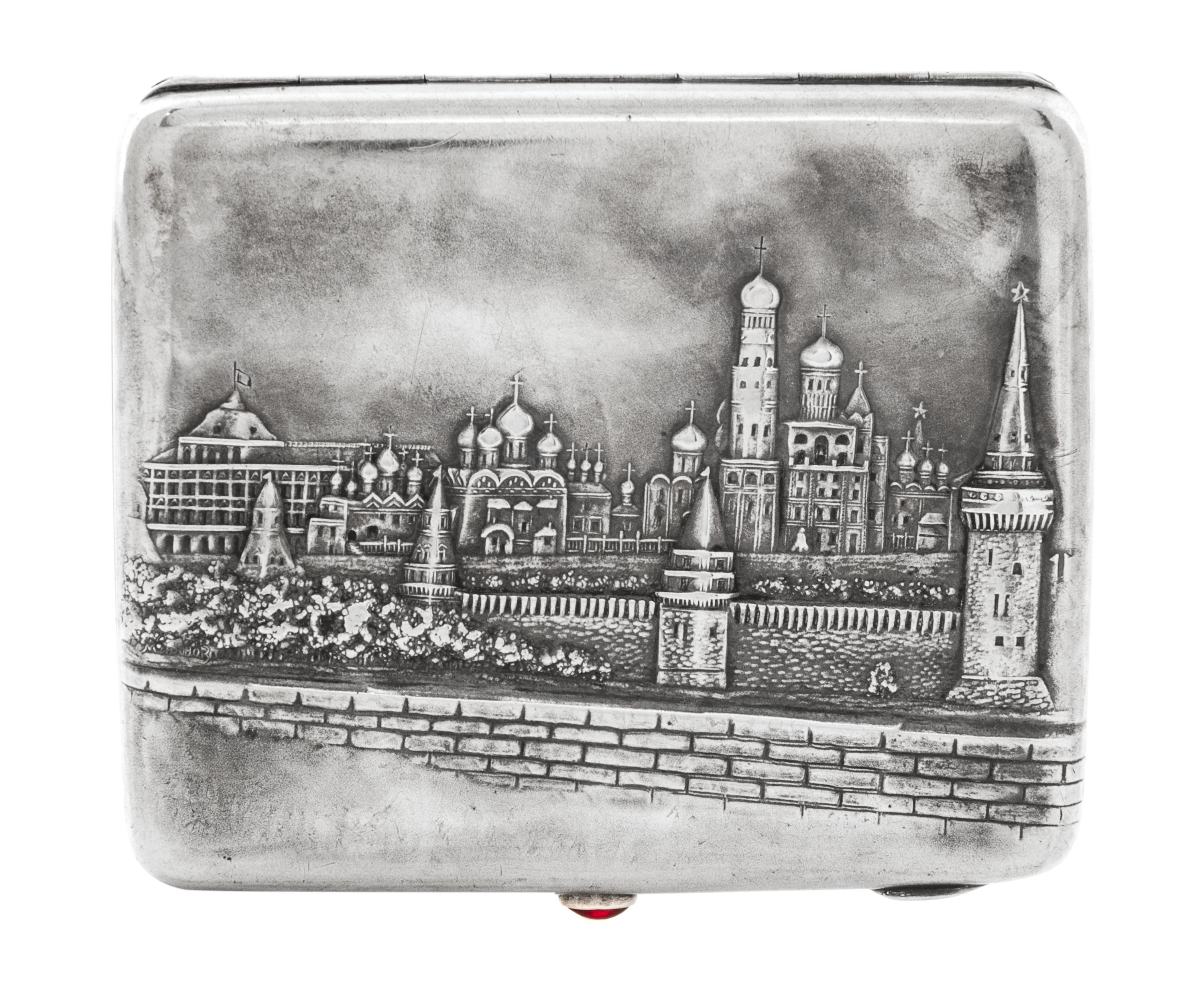 A Russian Niello Silver Cigarette Case, Mark of a Jewelers Artel, Moscow, 20th century, the lid worked to show the Kremlin viewed from