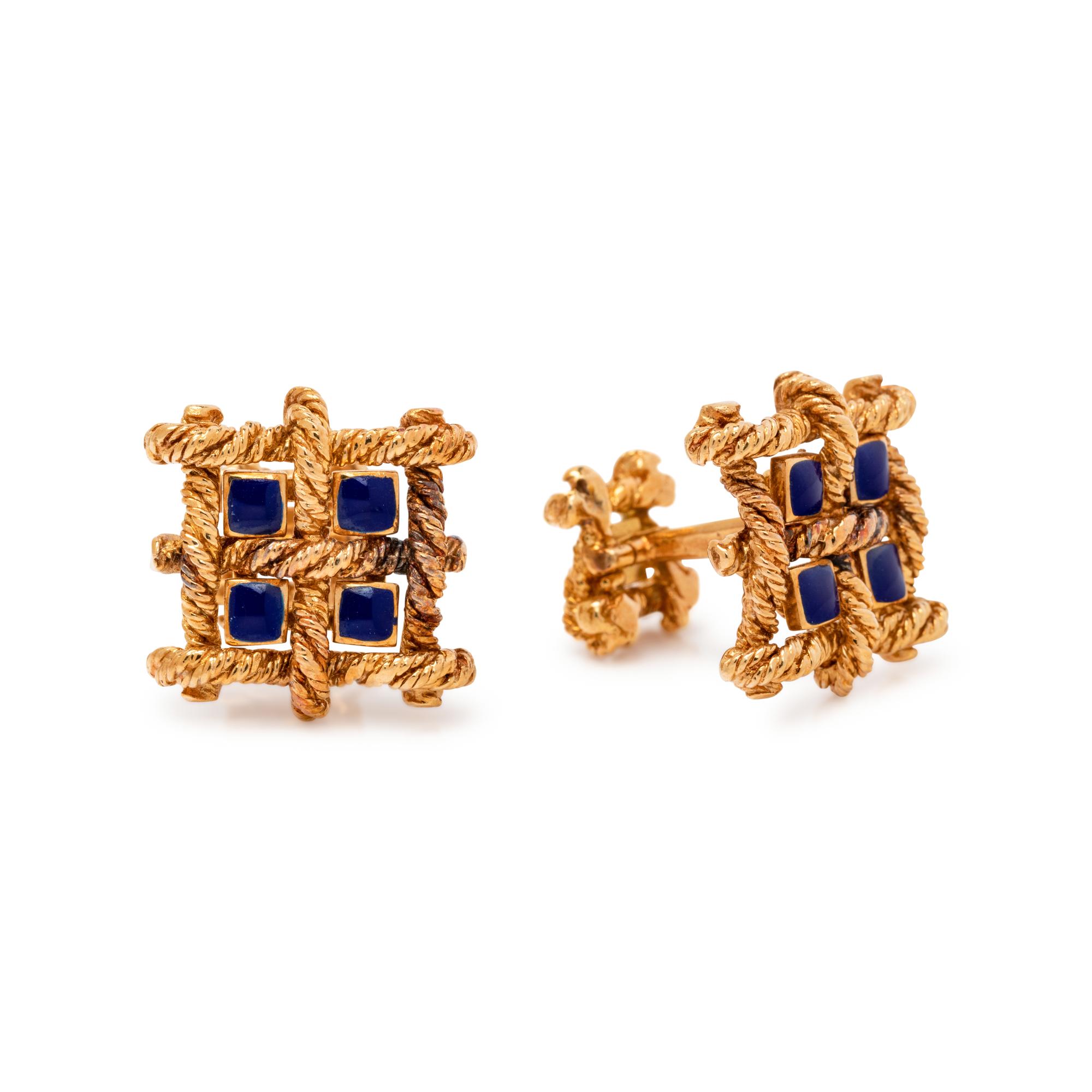 DAVID WEBB, YELLOW GOLD AND ENAMEL CUFFLINKS