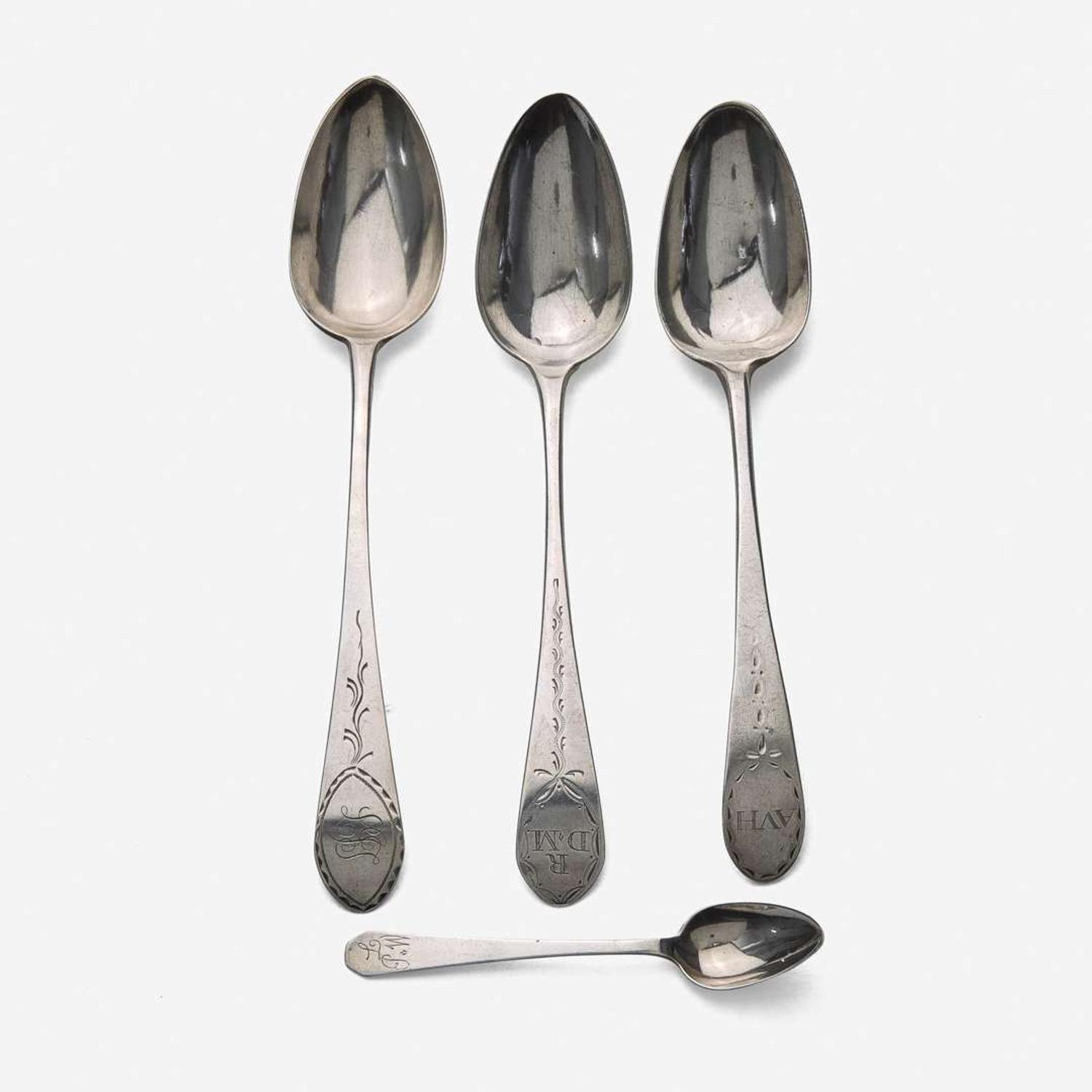 A group of four Federal silver spoons John David, Sr. (1736-1798), Philadelphia, PA, William Garret Forbes (1751-1840), New York, NY, John Sayre (1771-1852), Southhampton, NY, and William Stoddard Nichols (1785-1871), circa 1790-1810