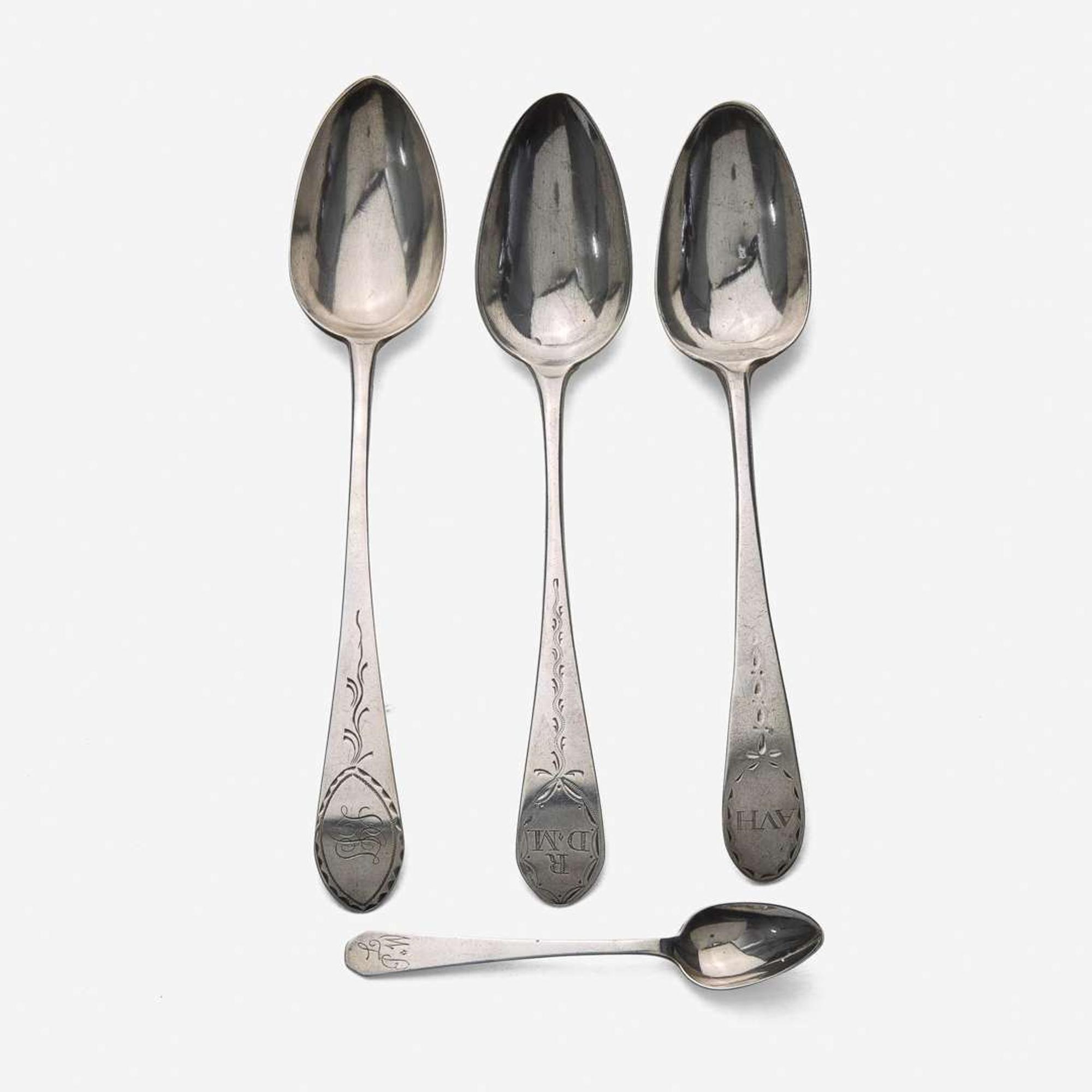 A group of four Federal silver spoons John David, Sr. (1736-1798), Philadelphia, PA, William Garret Forbes (1751-1840), New York, NY, John Sayre (1771-1852), Southhampton, NY, and William Stoddard Nichols (1785-1871), circa 1790-1810