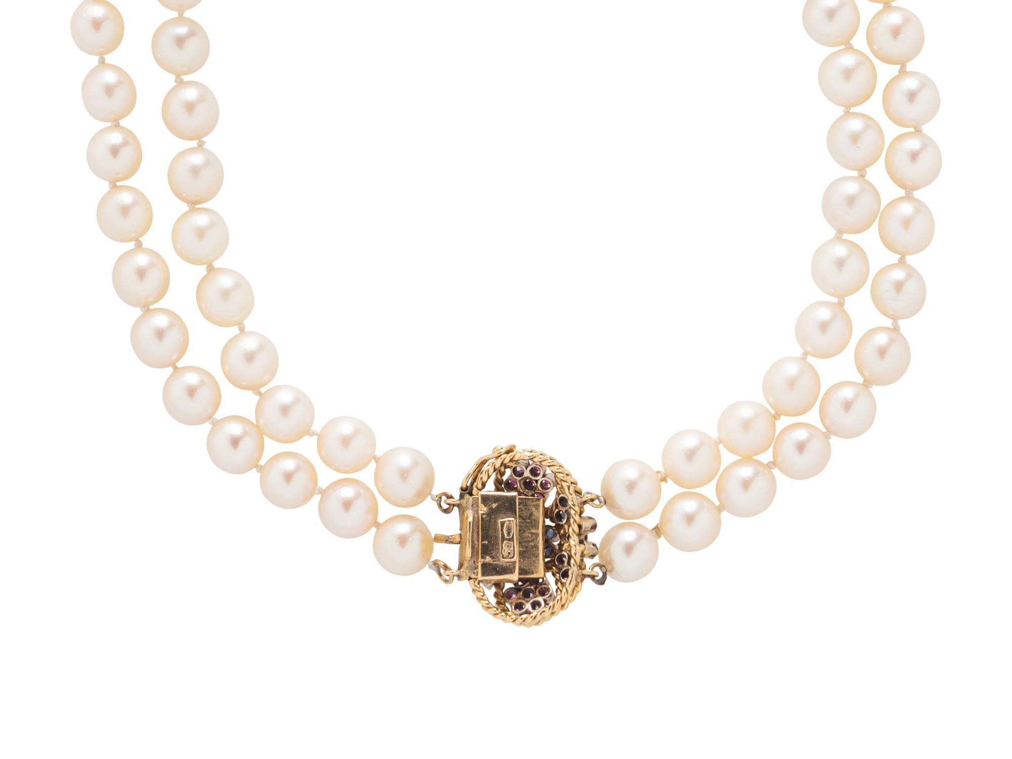 TWO CULTURED PEARL NECKLACES WITH GEMSTONE CLASPS