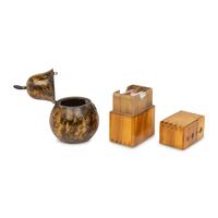 A Painted Pear Form Tea Caddy and A Wooden Playing Card Box